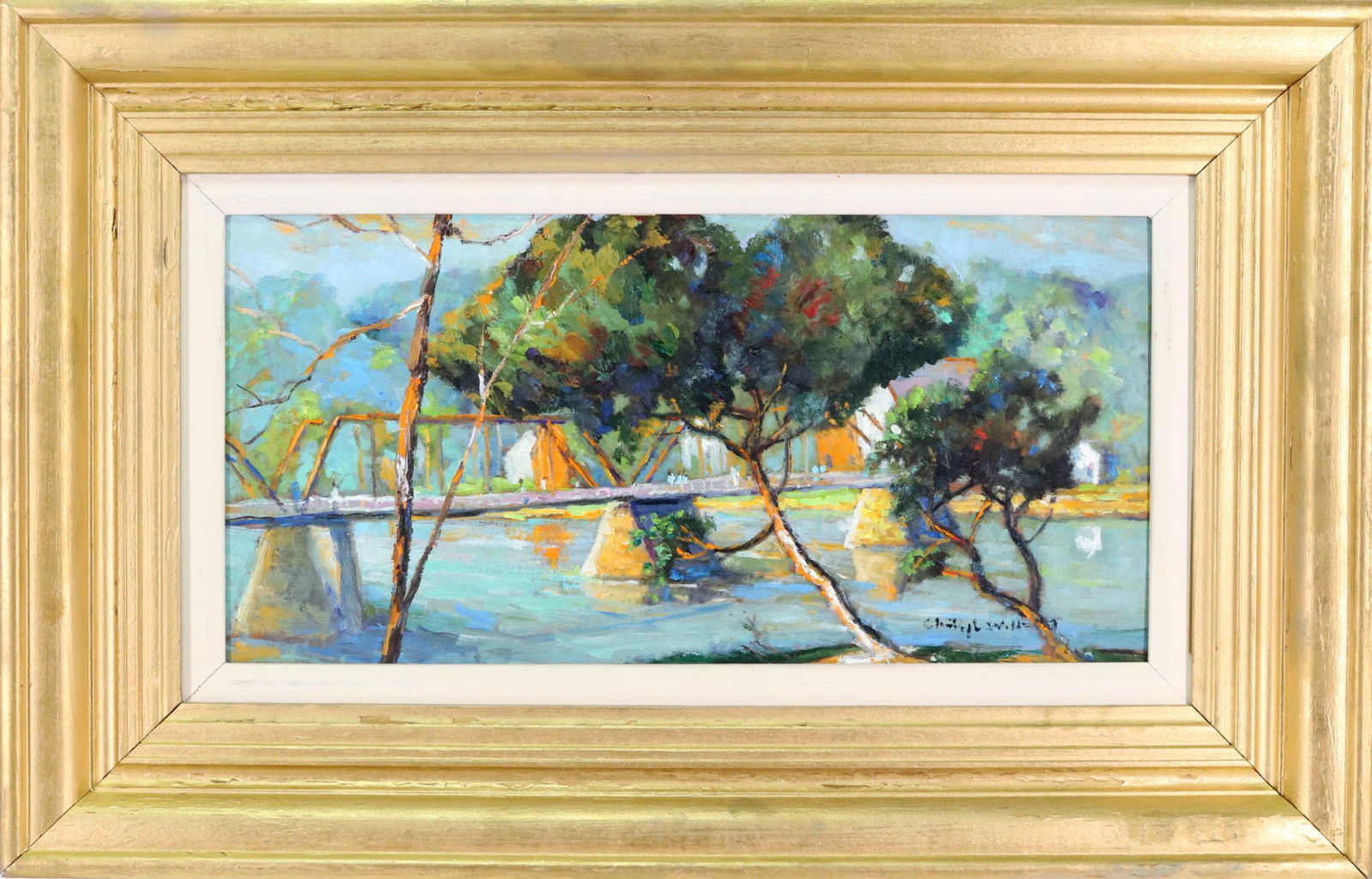 Christopher Willett (born 1959): Oil on board, "New Hope Bridge", SLR. Landscape view of the titled bridge. 8"h x 16"w and 14.5"h x 22.5"w framed