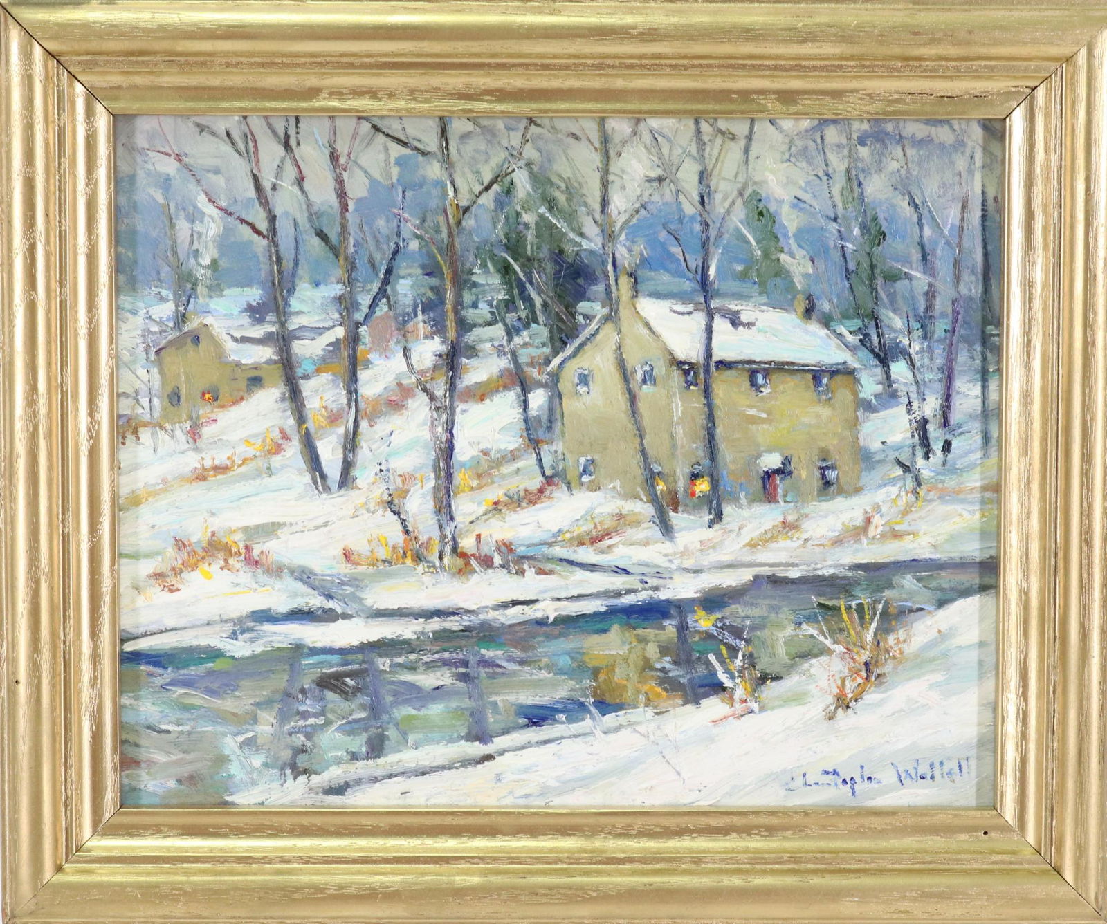 Christopher Willett (born 1959): Oil on board, "Mill Along Creek, Tinicum Bucks County Pa", SLR. Winter landscape with a view of the mill overlooking the stream. 8"h x 10"w and 10"h x 12"w framed