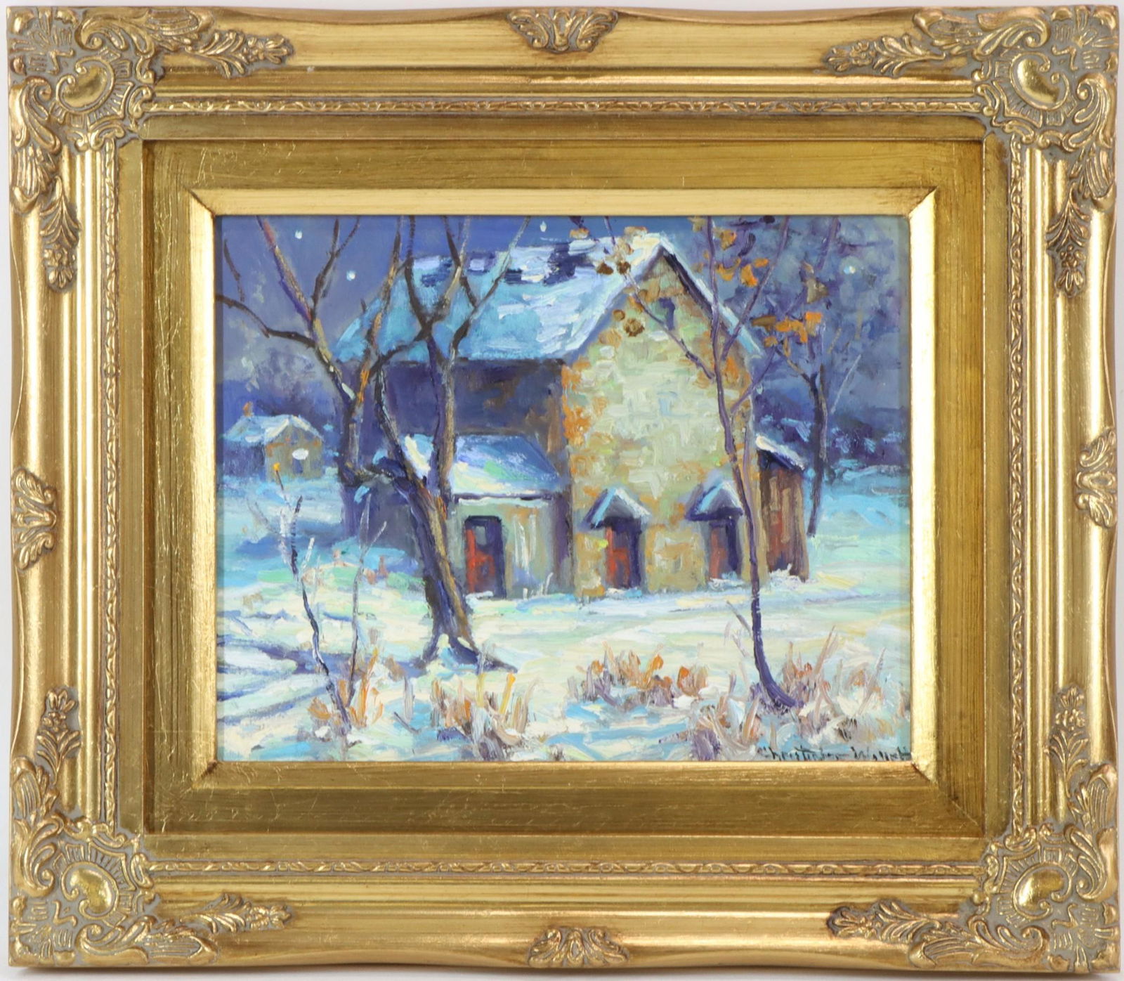 Christopher G. Willett (Born 1959): Oil on board, "Buckingham Night", SLR. Snowy nocturne with a large barn or outbuilding. 8"h x 10"w and 11.25"h x 13"w framed