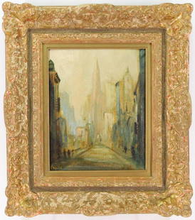 Leon Louis Dolice (1892 - 1960): Oil on board, SLL. New York City skyscraper landscape. 10"h x 8"w and 16"h x 14"w framed