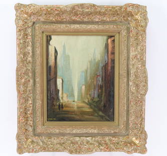 Leon Louis Dolice (1892 - 1960): Oil on board, SLL. New York City skyscraper landscape. 10"h x 8"w and 16"h x 14"w framed
