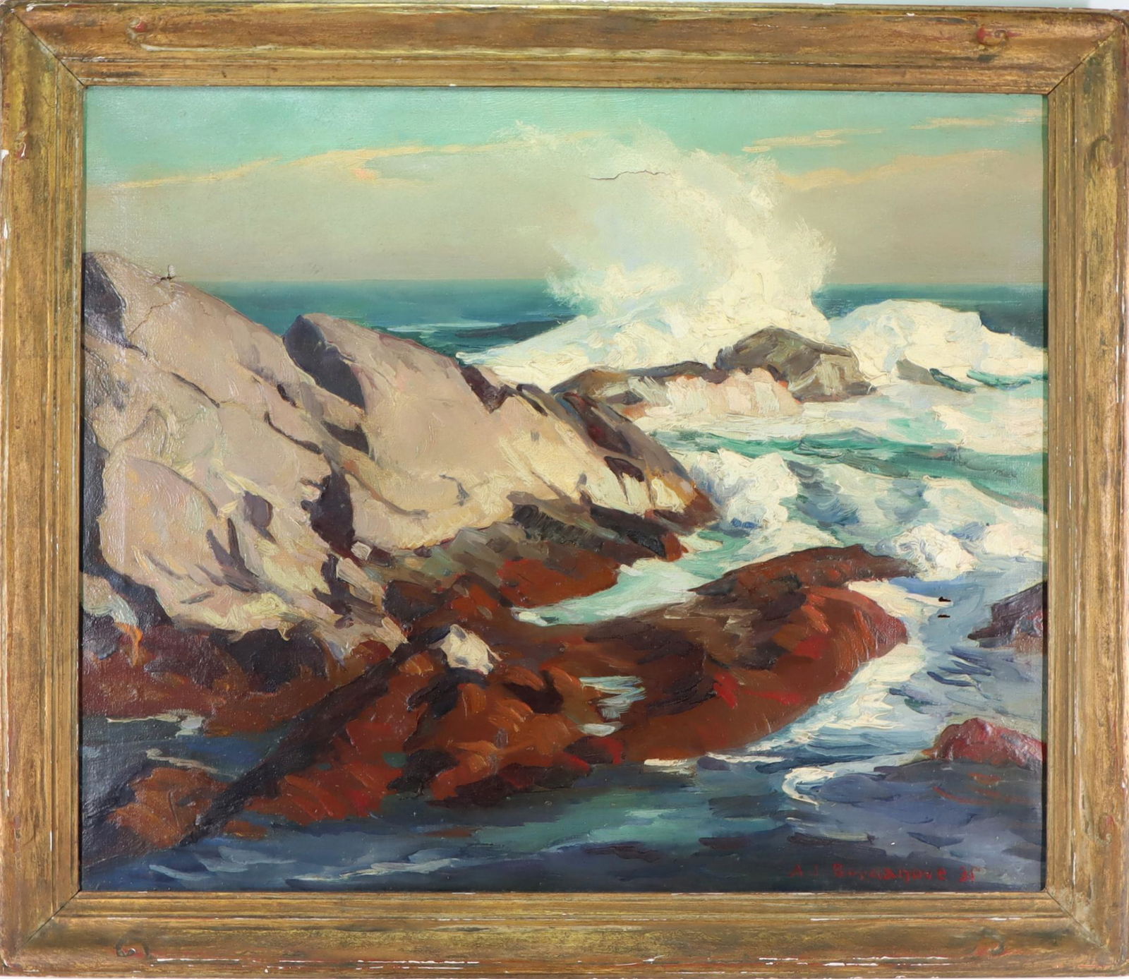 Abraham Jacob Bogdanove (1887 - 1946): Oil on canvas, SDLR '35. Coastal landscape with waves crashing over the rocks. 25"h x 30"w and 30"h x 35"w framed **Please Note: This item is NOT eligible for in-house shipping. Please refer to the te