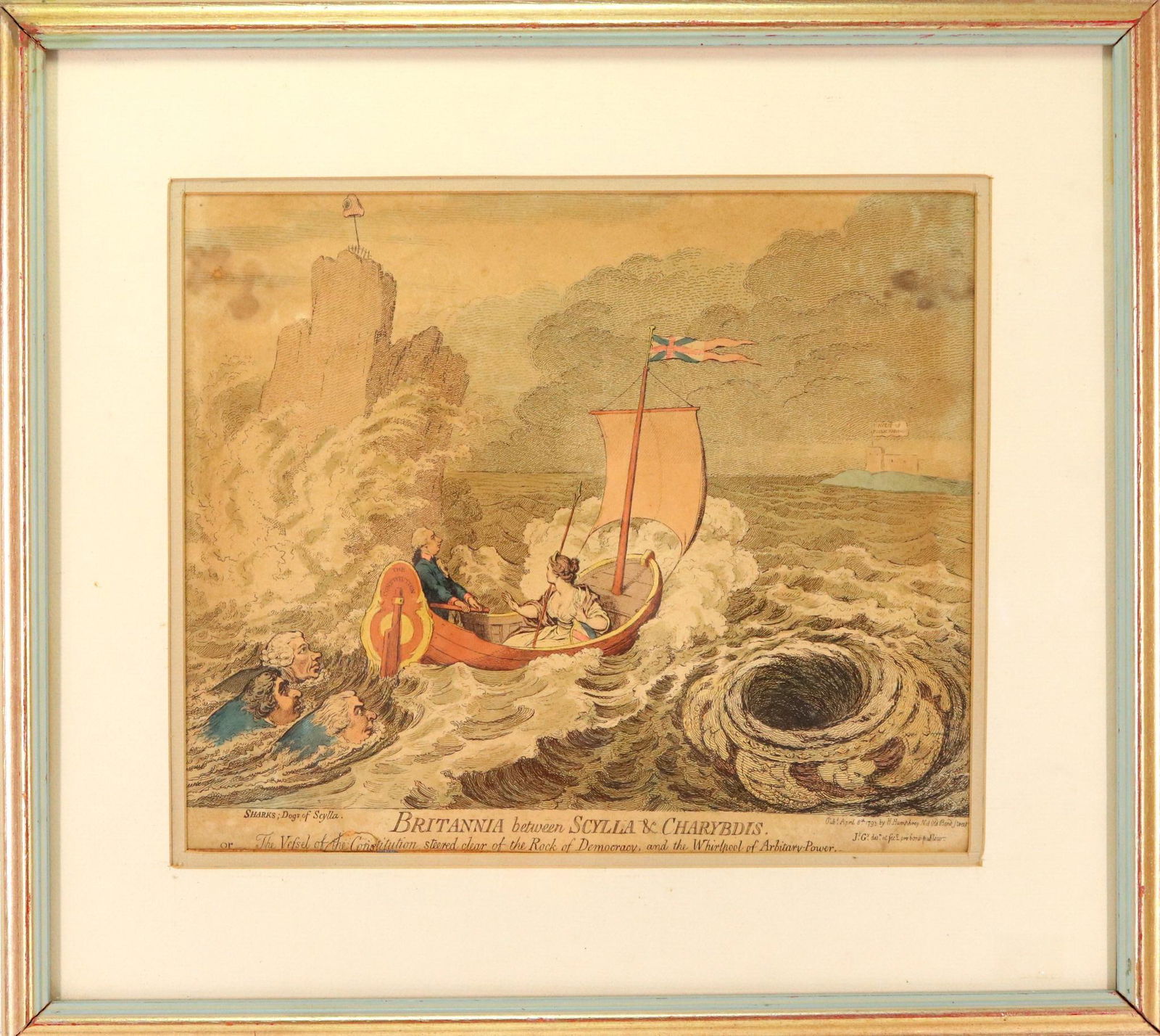 Britannia between Scylla and Charybdis 18th c. Satirical Etching (1 of 7)