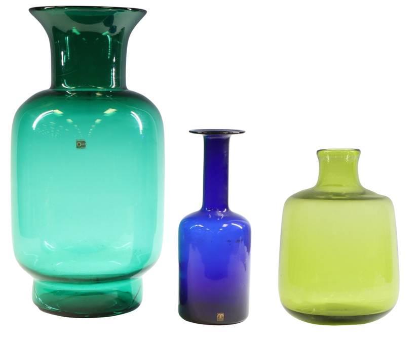 Art Glass Grouping (3): Colored glass vase grouping including Blenko handmade vase. Base cracked, 20"h. Cascade, England dark blue vase, 12"h. Holmegaard, Denmark, light green vase, 9.5"h. All pieces marked. **Please Note: T