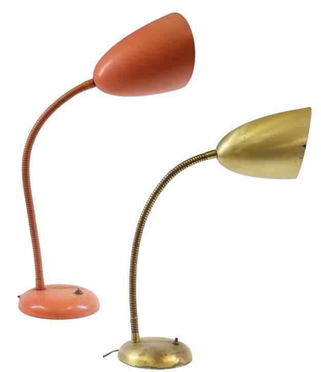 Kurt Versen (1902-1997) Desk Lamps: Cone shade gooseneck desk lamps (2), unmarked. Painted gold and peach. Pitting on base, small pushes on shade. Both currently working. 26.5"h x 6.25" round fully extended **Please Note: This item is N