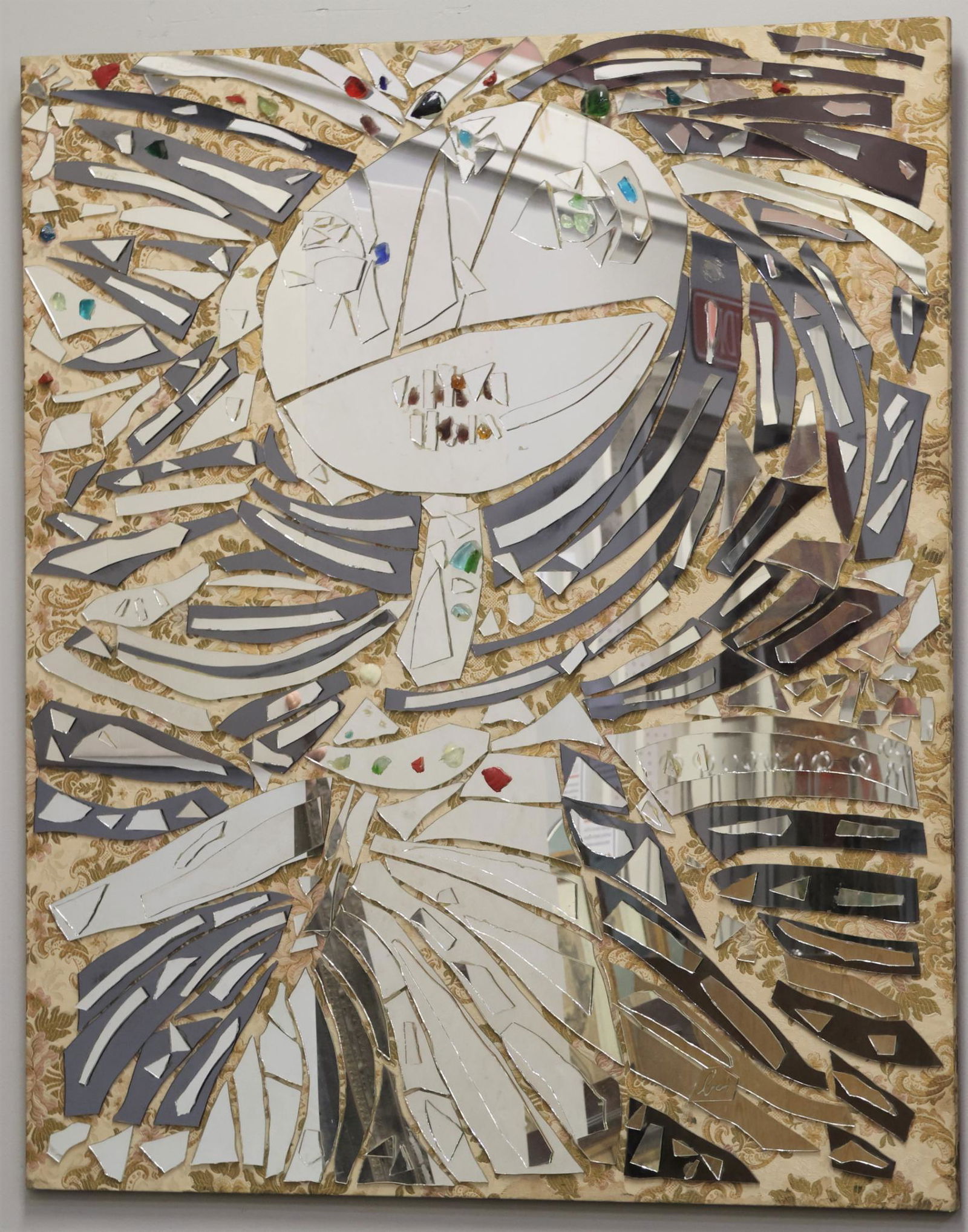 Enrico Baj (1924-2003): Abstract figural collage made from mirror and glass shards on a damask fabric background on board, titled "Danseuse au Miroir", etched signature at the lower right, signed in marker en verso, numbered