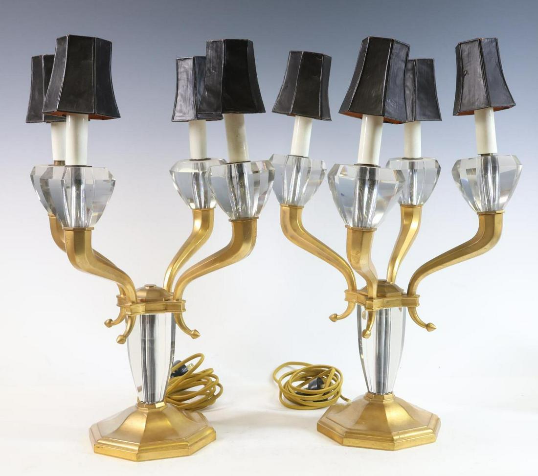 Henri Morand Candelabra Lamps: French Art Deco pair of 4-light candelabra form lamps, gilt bronze and faceted crystal, marked "Morand, Paris" at the bases, the crystal marked "Tchecoslovaquie" (Czechoslovakia), with painted mica sh