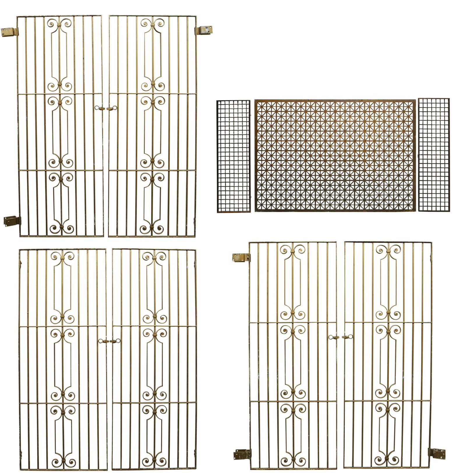 Cast Iron Bank Vault Gate Doors: Cast iron bronzed teller gates (6), with scroll decoration, 58.5"h x 23"w (27" hinge). Copper mesh door, 39"h x 56"w. Cast iron industrial mesh covers (2), 11.5"h x 39"w. Missing hinge covers to some 