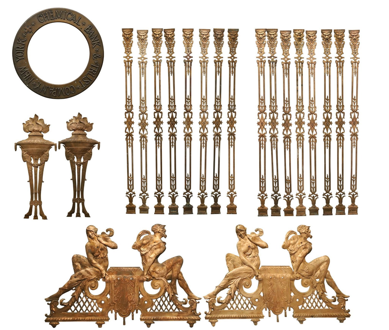 Chemical Bank Bronze Vault Decorative Motifs: Chemical Bank & Trust Company, New York, NY, architectural items, including figural ornaments (2), 26"h x 38"w, (2) flamed urns (2), 30"h, (16) Lion's head columns, 59"h, and a Chemical Bank sign, 19"