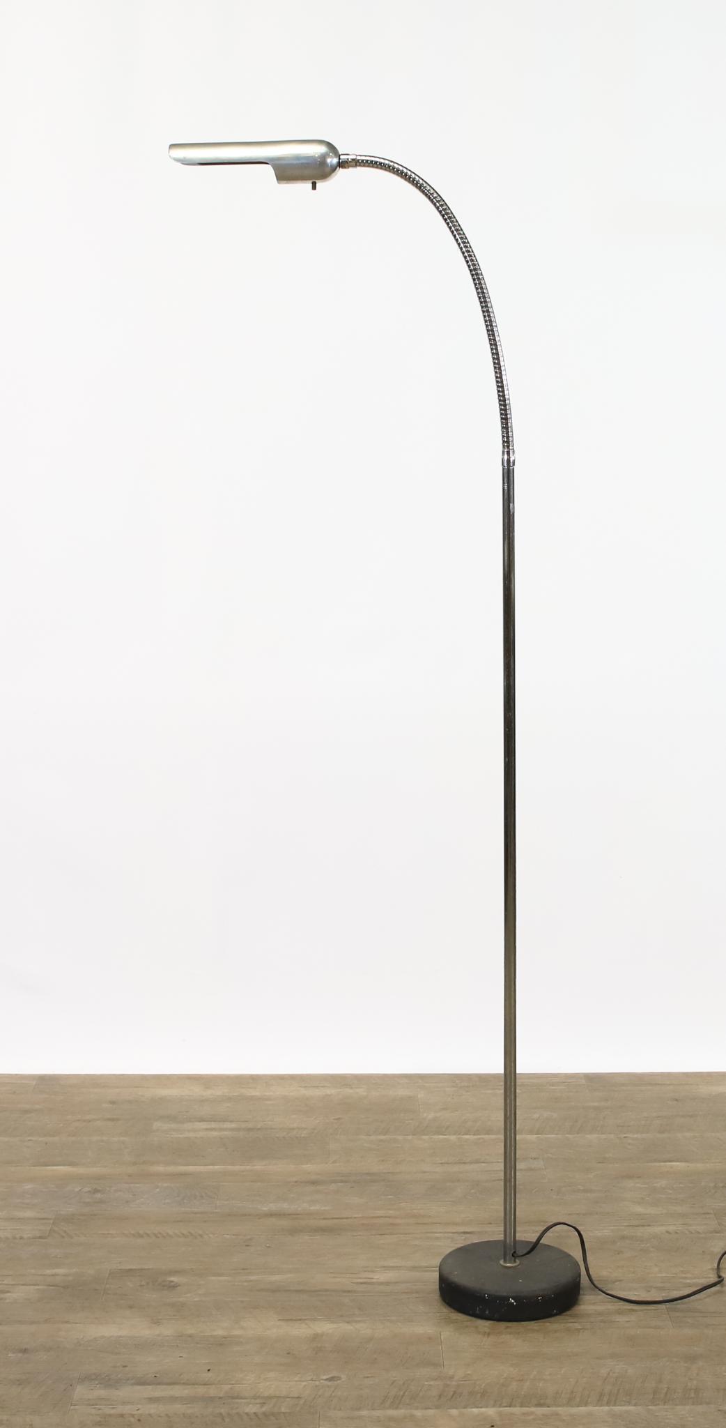 Robert Sonneman Floor Lamp: Chrome tubular gooseneck floor lamp, labeled. Untested. The shade connector has a split, but is tightly attached. Approximately 55"h **Please Note: This item is NOT eligible for in-house shipping. Ple