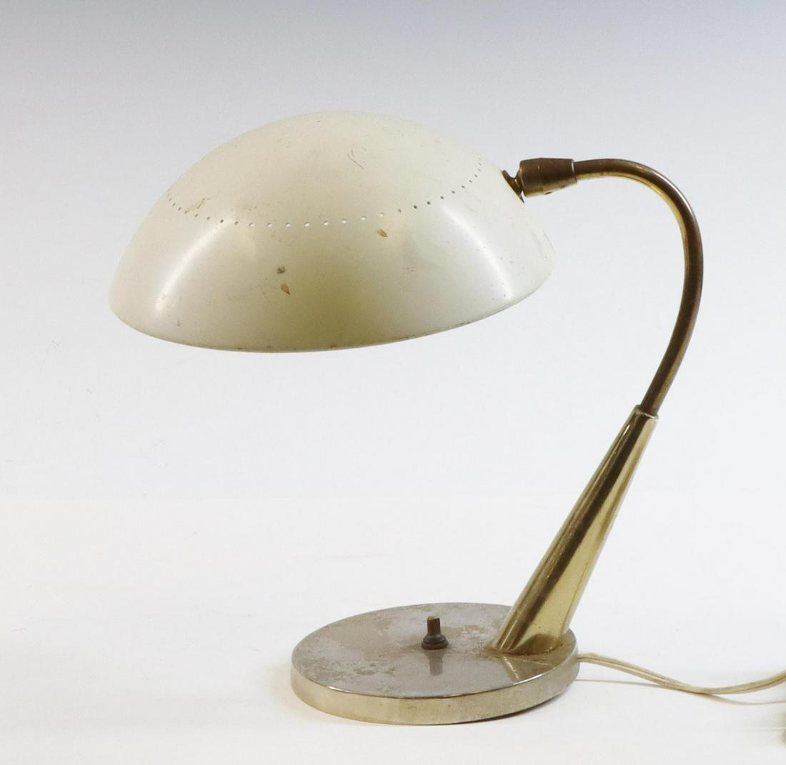 Desk Lamp Attributed to Gerald Thurston: White paint on metal half sphere shade, curved brass stem and round base. 11"h x 8.5" round