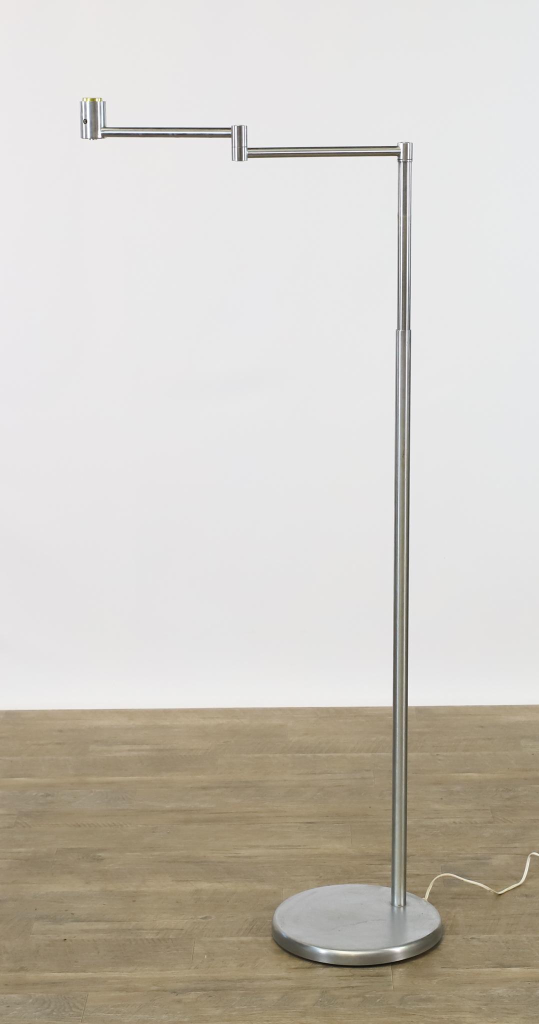 Walter Von Nessen Floor Lamp: Aluminum swing arm adjustable floor lamp, marked. Missing the switch and shade. In working condition. Adjusts from 43"h to 54"h; maximum arm length 23" **Please Note: This item is NOT eligible for in-
