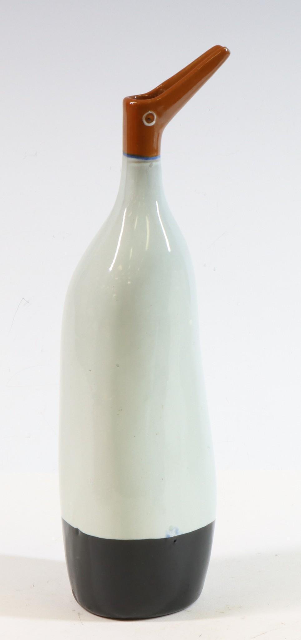 LaGardo Tackett Studio Pottery: LaGardo Tackett earthenware black and white glazed sea bird cruet, unmarked. 11.25"h x 3" round **Please Note: This item is NOT eligible for in-house shipping. Please refer to the terms and conditions