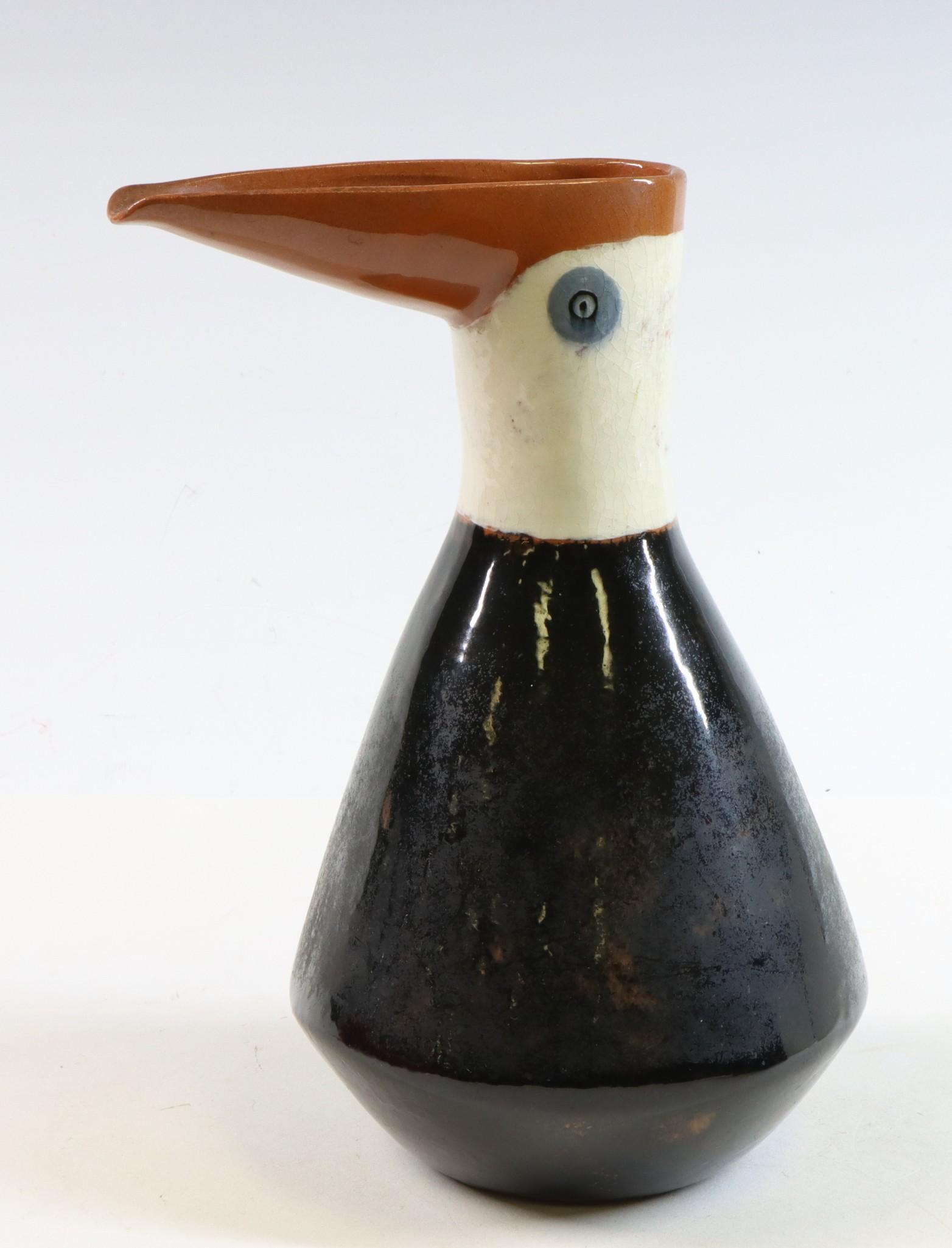 LaGardo Tackett Studio Pottery: LaGardo Tackett earthenware black and white glazed sea bird, small pitcher, unmarked. 10.5"h x 5.5" round **Please Note: This item is NOT eligible for in-house shipping. Please refer to the terms and
