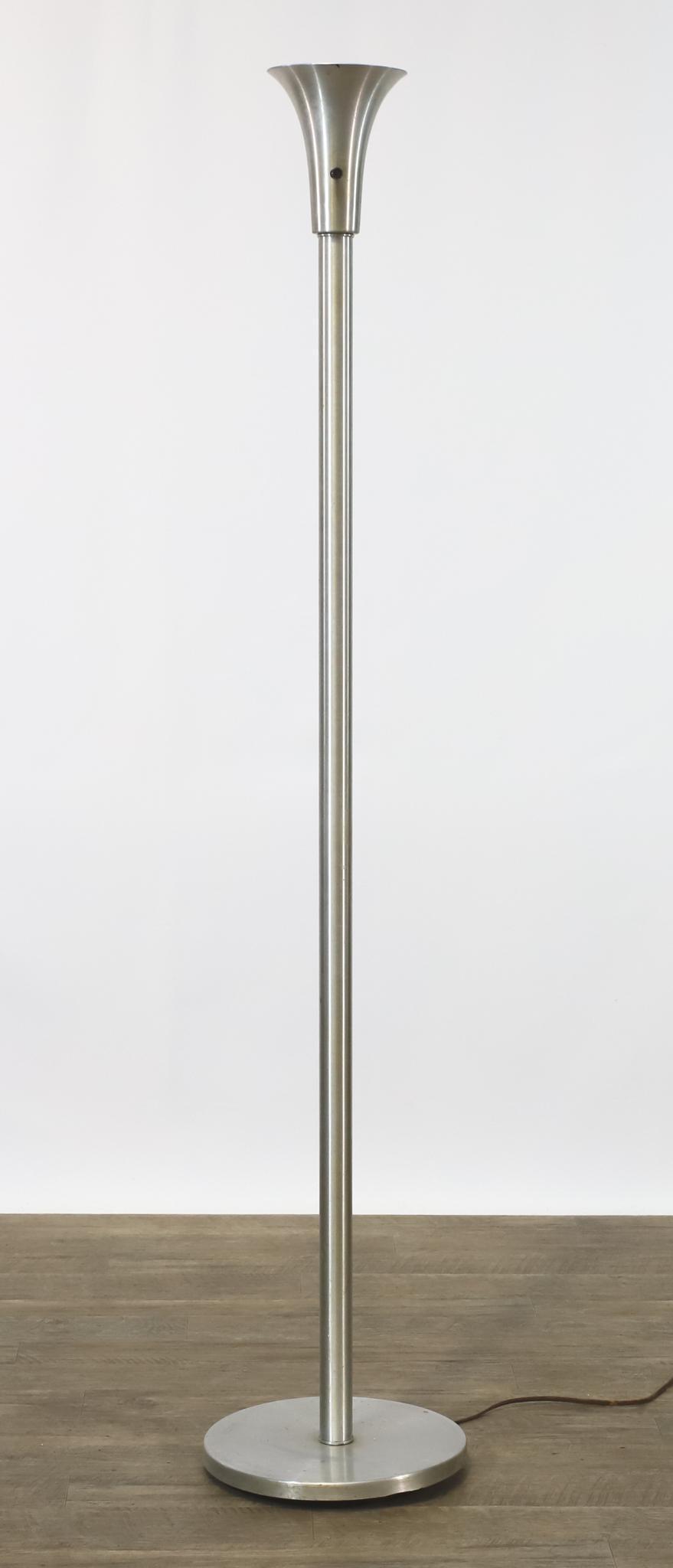 Russel Wright Torchiere Floor Lamp: Spun aluminum torchiere floor lamp, unmarked. Takes a mogul size bulb. Untested. 63"h **Please Note: This item is NOT eligible for in-house shipping. Please refer to the terms and conditions of this a