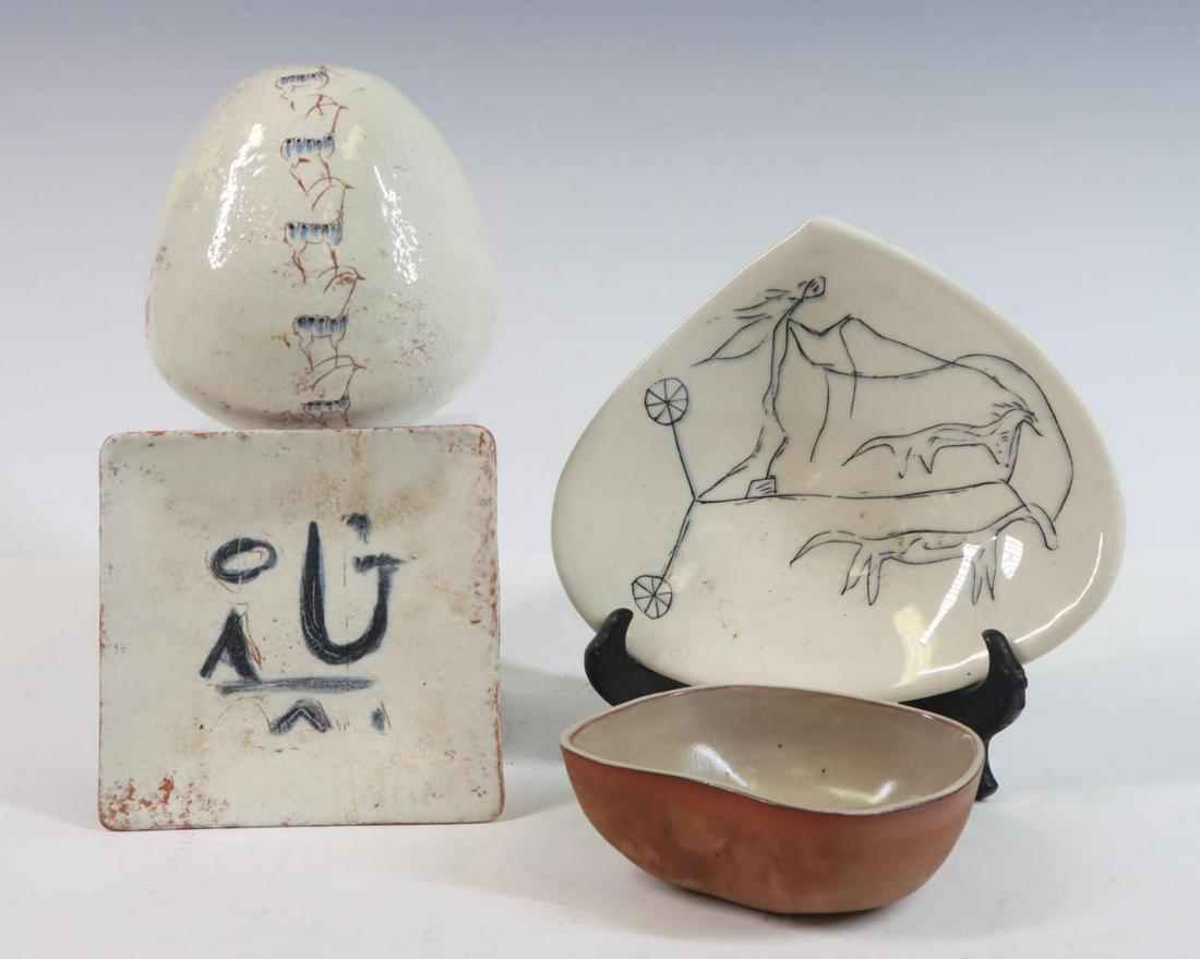 Glazed Earthenware Grouping: Earthenware grouping, unmarked. Includes trinket bowls and vase. Tallest measures 5.75”h **Please Note: This item is NOT eligible for in-house shipping. Please refer to the terms and conditions