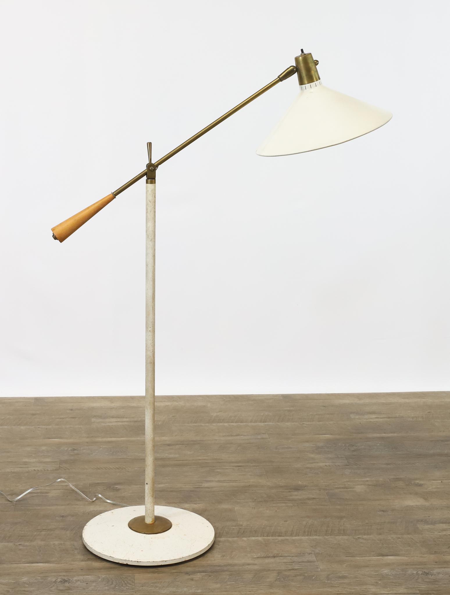 Gerald Thurston for Lightolier Floor Lamp: White enamel steel, brass, and wood, adjustable floor lamp, the base marked "C5121". The arm adjustment is loose; oxidation. In working condition. Takes a standard light bulb; new wiring. Adjusts from