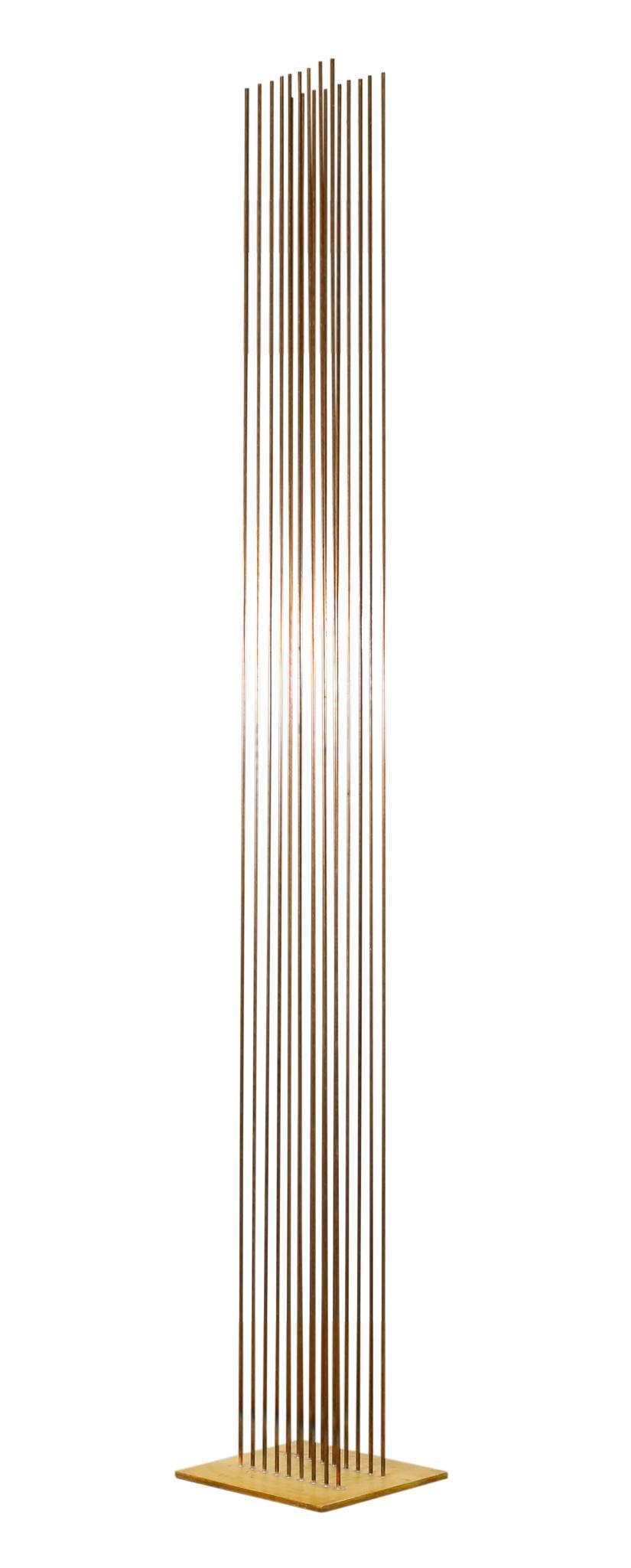 Val Bertoia (Born 1949): Sonambient sculpture, "Sounds from Walking Upside Down". 18 beryllium-copper rods silvered to brass base in 2 rows of 9 rods. Includes authentication from Bertoia Studios. #B-2655. 84"h x 12"w x 11"d