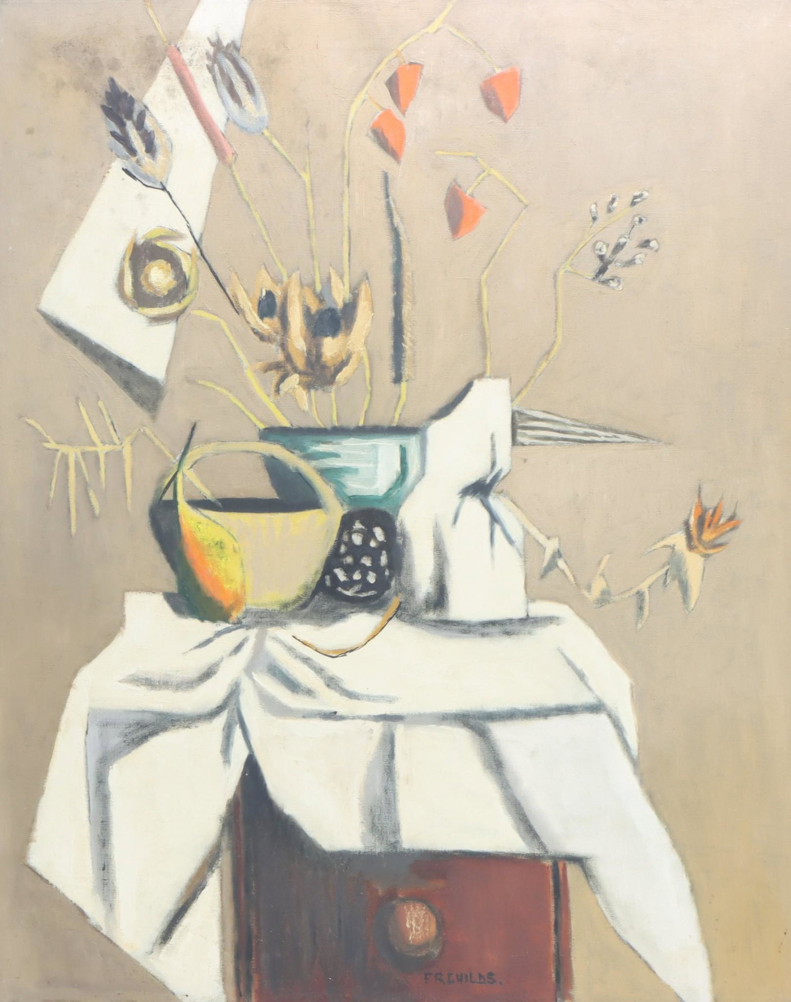Frederick Childs (1908 - 1978): Oil on canvas, SLR. Tabletop still life. 30”h x 28”w overall **Please Note: This item is NOT eligible for in-house shipping. Please refer to the terms and conditions of this auction for re