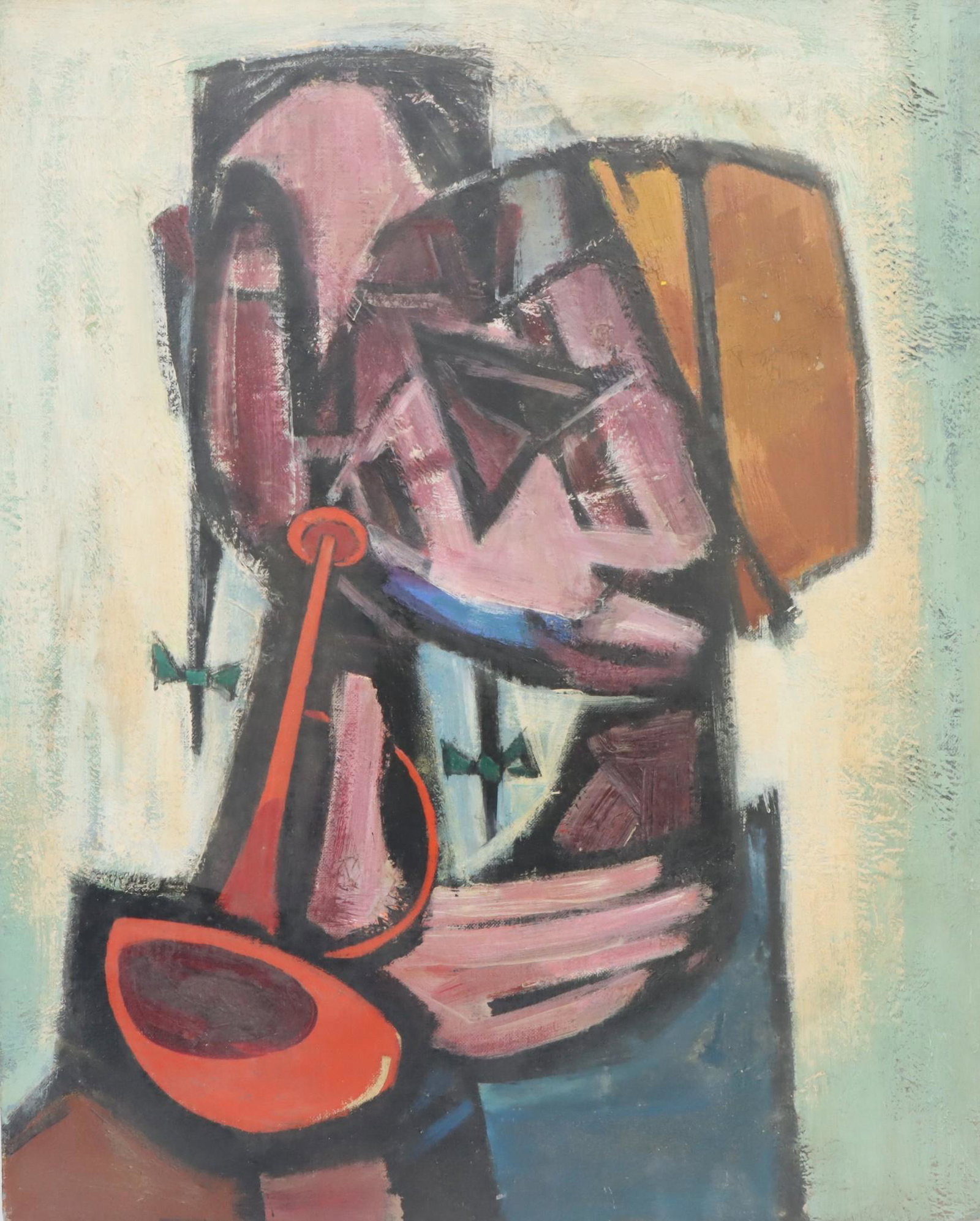 Richard Rogers (1903 - 1967): Oil on board, signed en verso. Two figures playing horned instrument. 20”h x 16”w unframed