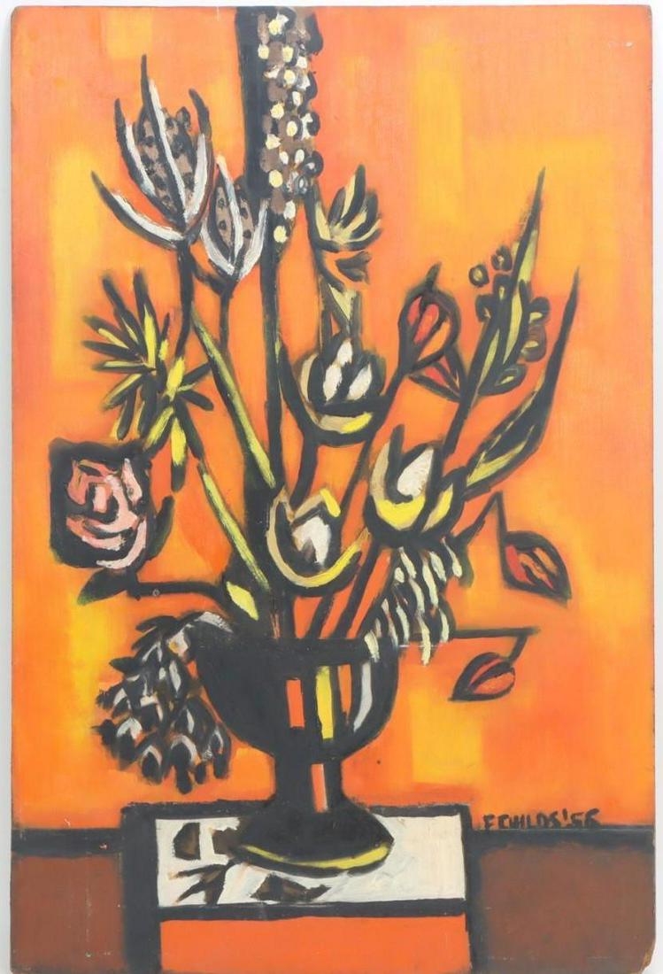Frederick Childs (1908 - 1978): Oil on board, SDLR '55. Tabletop still life. 24”h x 16”w overall