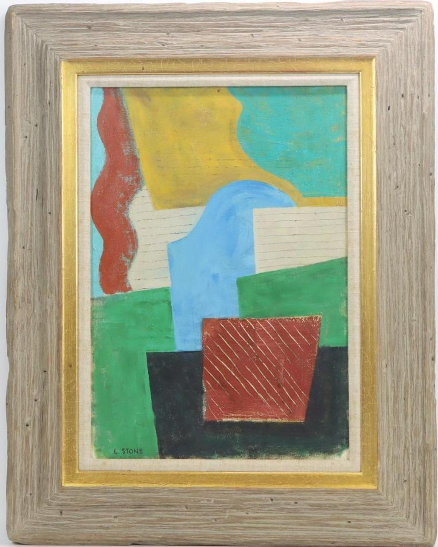 Louis K. Stone (1902 - 1984): Oil on board, SLL "L. Stone". Abstract composition. 20”h x 14”w sight 28.5”h x 20.5”w framed