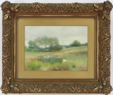 John Willard Raught (1857 - 1931): Pastel, SLR. Pastural landscape. 5"h x 7"w sight and 10"h x 12"w framed