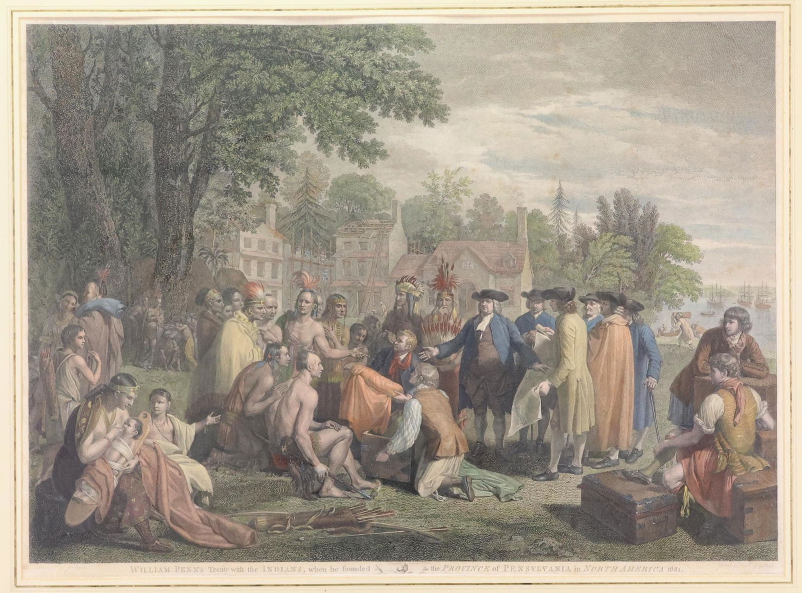 william penn print: [Pennsylvania] (Penn, William) William Penn's Treaty with the Indians, when he founded the Province of Pensylvania in North America 1681... London: John Boydell, June 12, 1775. Hand-colored engraving.