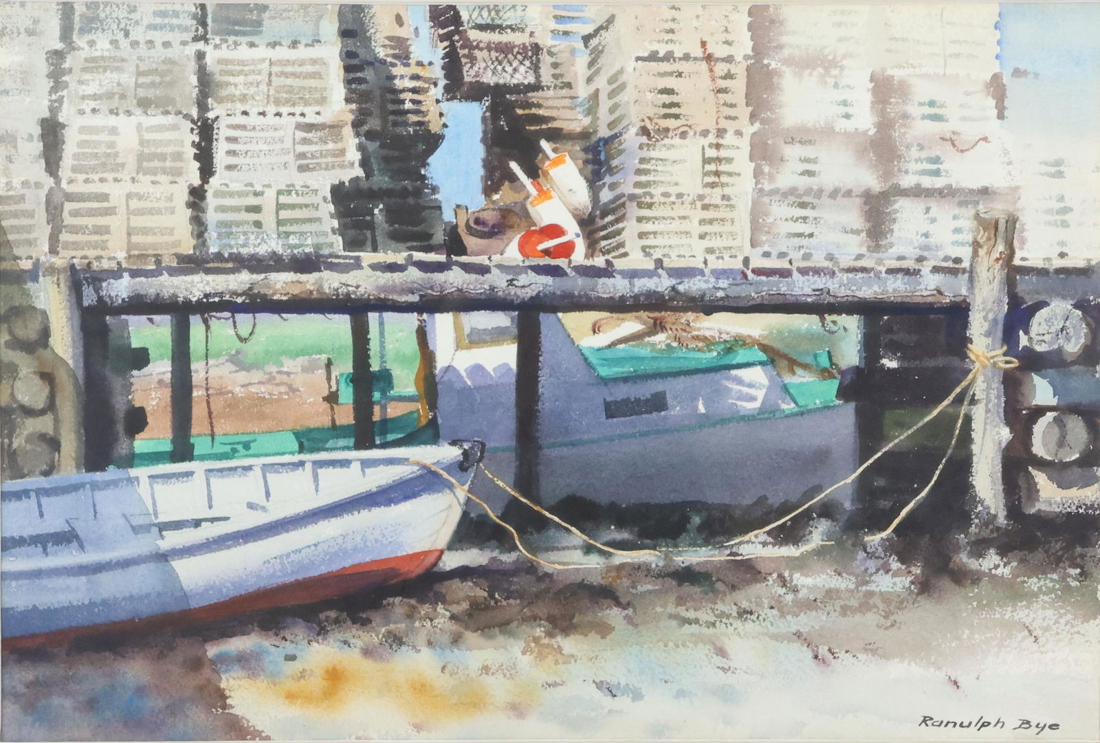 Ranulph Bye (1916 - 2003): Watercolor, "Cooks Landing, Martinsville, ME", SLR. Harbor scene with sailboats and lobster traps. 14"h x 21"w and 22"h x 29"w framed