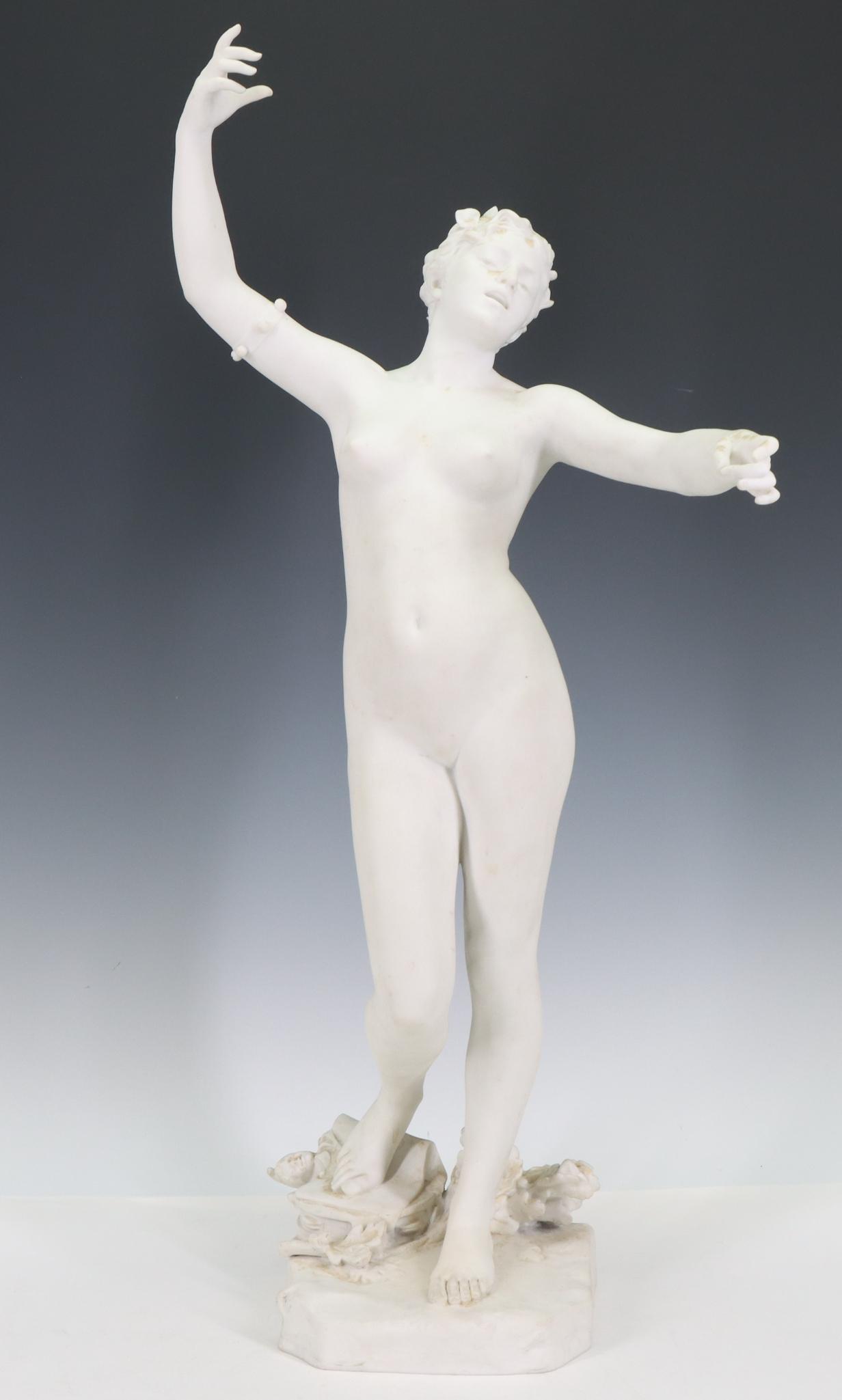 Sevres Sculpture After Felix Charpentier (1858 - 1924): Bisque sculpture of a dancing nude, "La Chanson", impressed signature, also stamped Sevres and dated 1893. 23.5"h x 11.5"w x 10"d **Please Note: This item is NOT eligible for in-house shipping. Please