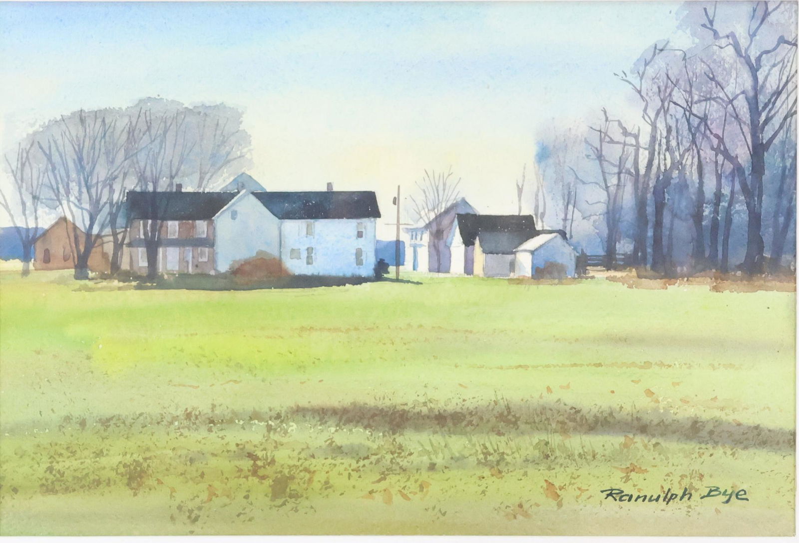 Ranulph Bye (1916 - 2003): Watercolor, "Winter Wheat", SLR. Pastural landscape with a home and outbuildings. 9.5"h x 14"w sight and 16.5"h x 21.5"w framed