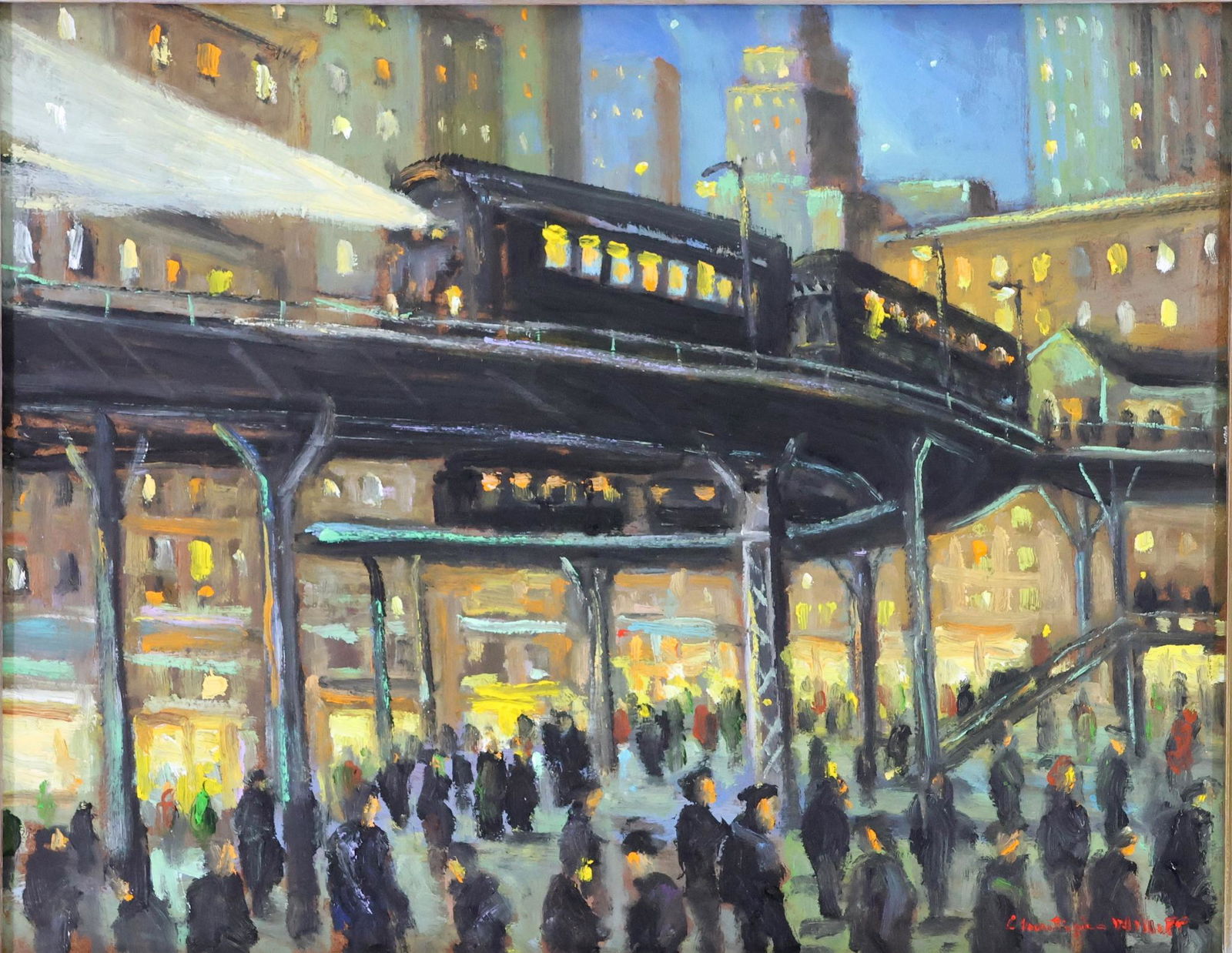 Christopher Willett (born 1959): Oil on board, "The Ell", SLR. Evening NYC landscape with a bustling crowd. 11"h x 14"w and 13.5"h x 16.5"w framed