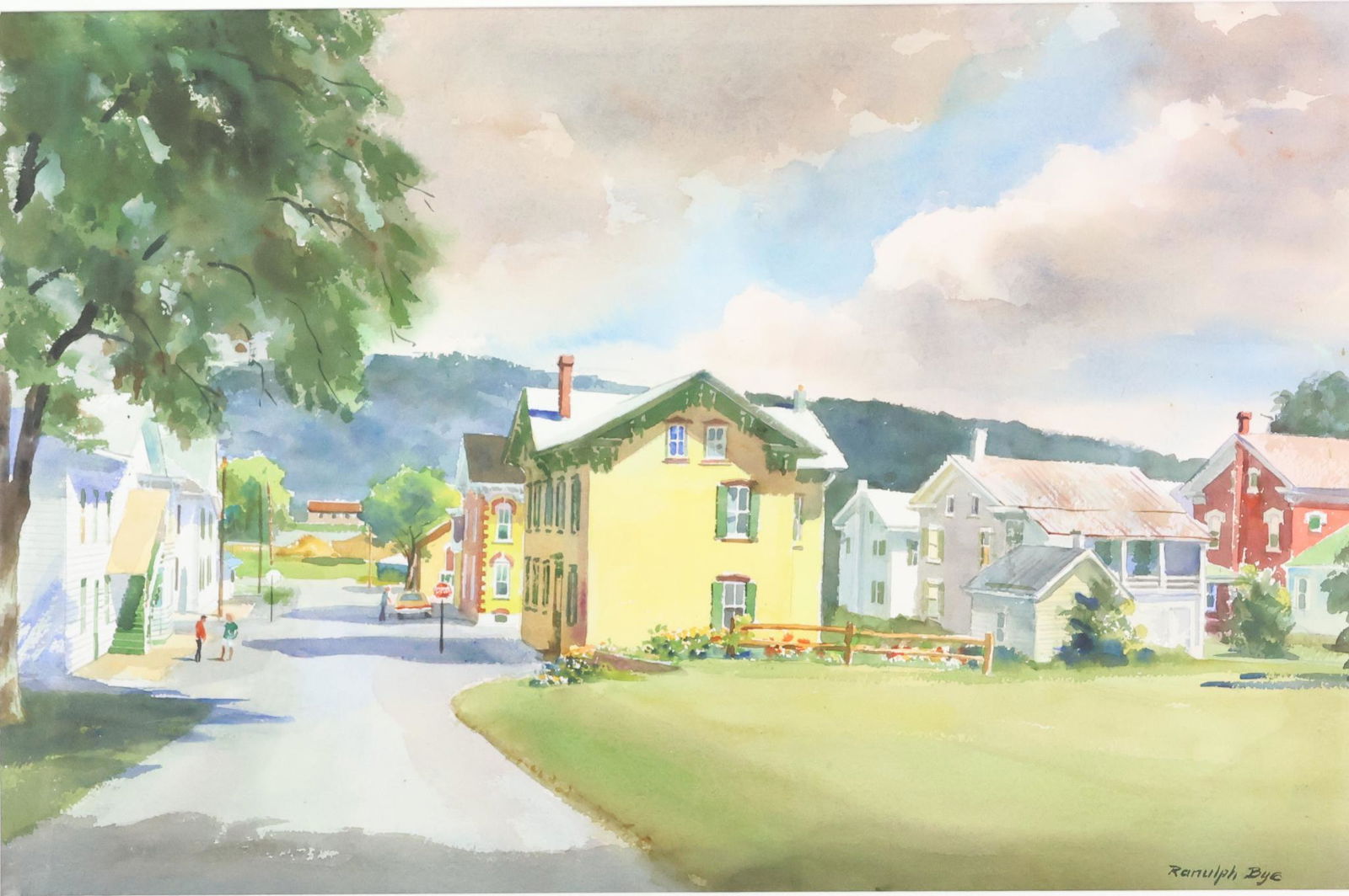 Ranulph Bye (1916 - 2003): Watercolor, "Looking Down Walnut Street, Beaver Springs, Pa", SLR. Residential landscape with colorful homes. 18.5"h x 28.5"w sight and 29"h x 38"w framed **Please Note: This item is NOT eligible for