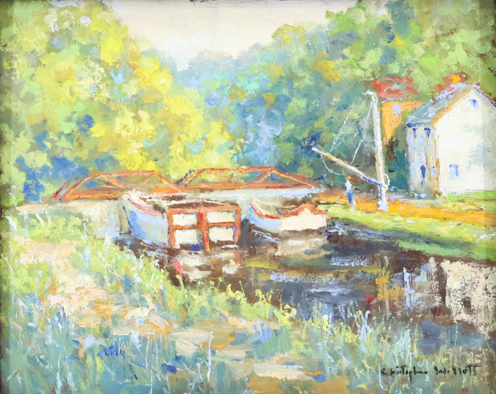 Christopher Willett (born 1959): Oil on board, "Morning on the Canal, New Hope", SLR. Colorful summer scene of docked canal boats. 8"h x 10"w and 11.5"h x 13.5"w framed