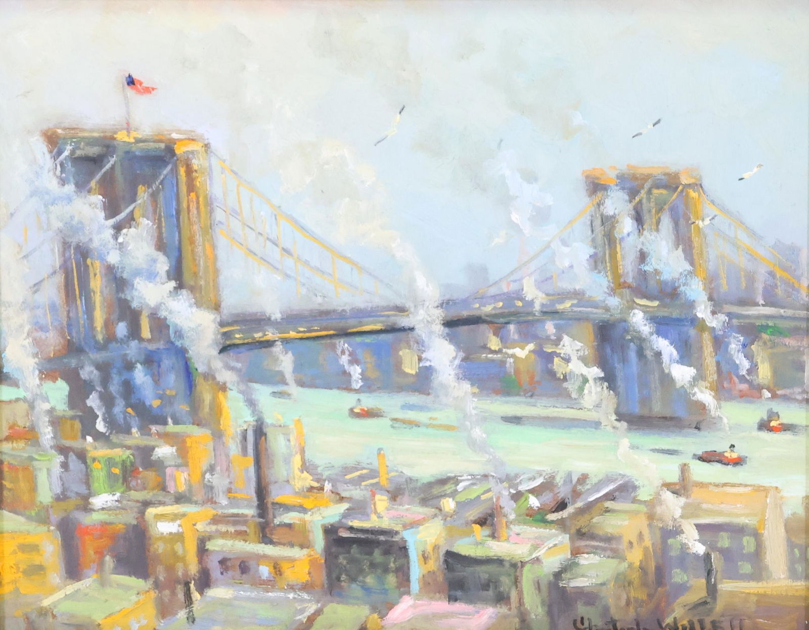 Christopher Willett (born 1959): Oil on board, "End of Day: Brooklyn Bridge", SLR. Hazy scene of the famed bridge. 11"h x 14"w and 16"h x 19"w framed