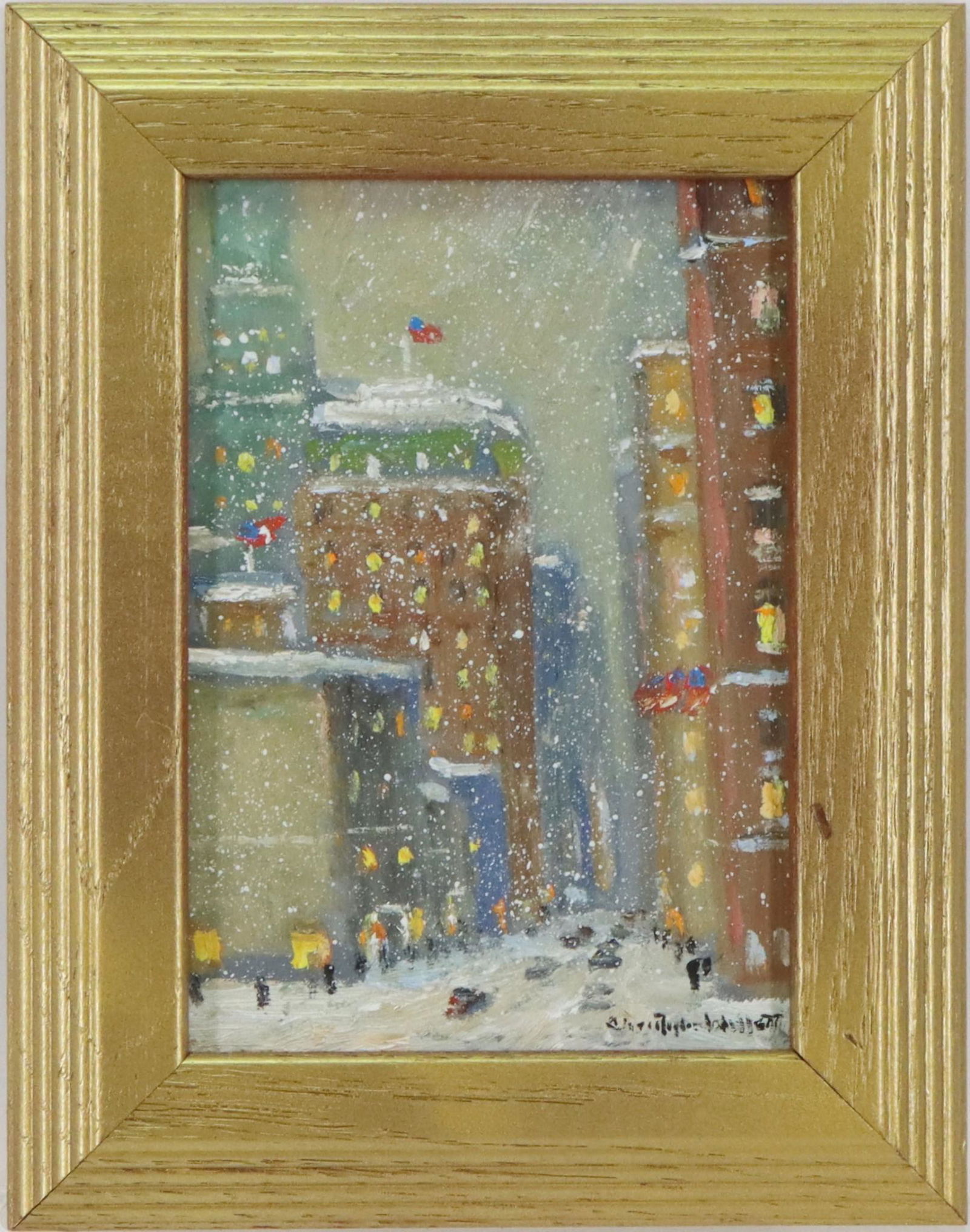 Christopher Willett (born 1959): Oil on board, "Manhattan, N.Y.C.", SLR. Wintery downtown landscape. 7'h x 5"w and 9.25"h x 7.25"w framed