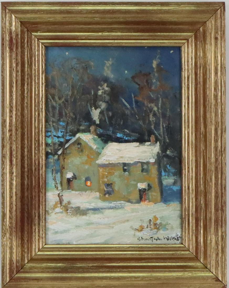 Christopher Willett (born 1959): Oil on board, "Winter Buckingham", SLR. Winter nocturne of a cottage. 7"h x 5"w and 9.5"h x 7.5"w framed.
