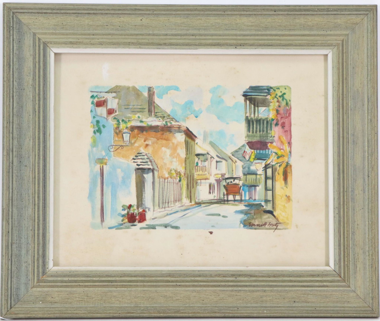 Emmett John Fritz (1917 - 1995): Watercolor, SLR and titled en verso "St. George Street Looking South". 7”h x 10”w and 15.5”h x 18.5”w framed