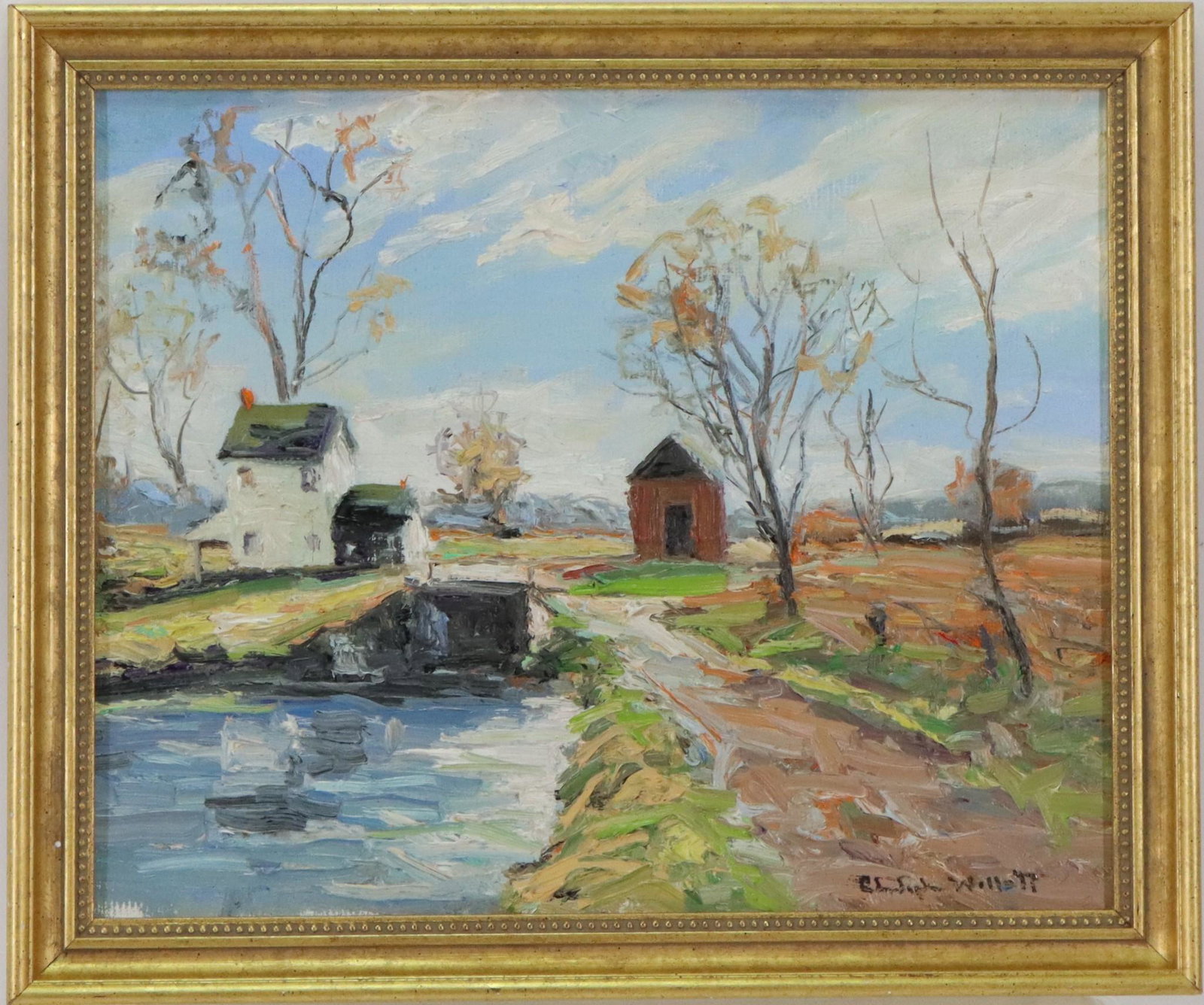 Christopher G. Willett (Born 1959): Oil on board, SLR, untitled. Landscape of stream and site house in rural setting. 9.75"h x 12"w and 11.5"h x 14"w framed