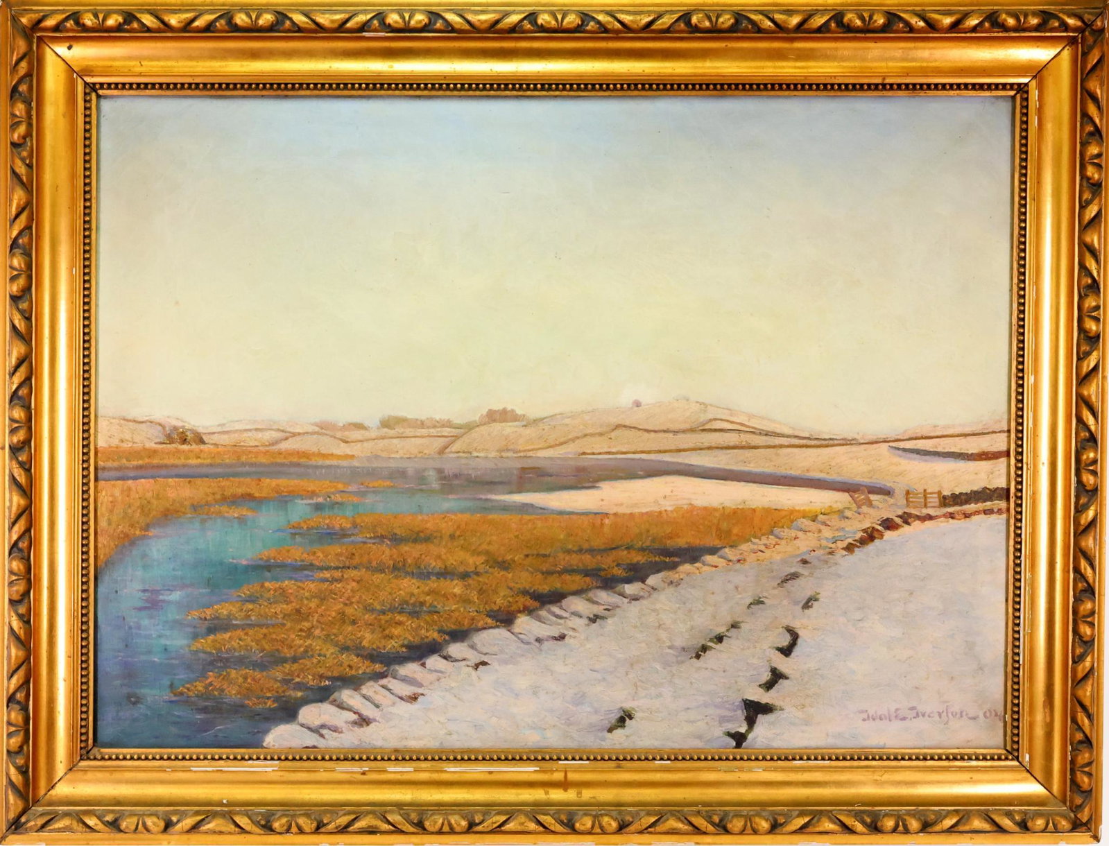 Oil on Canvas, Signed: Oil on canvas, SDLR '04, illegible. Snow dusted landscape from the waters edge with rolling hills in the distance. 26"h x 36"w and 32"h x 42"w **Please Note: This item is NOT eligible for in-house shi