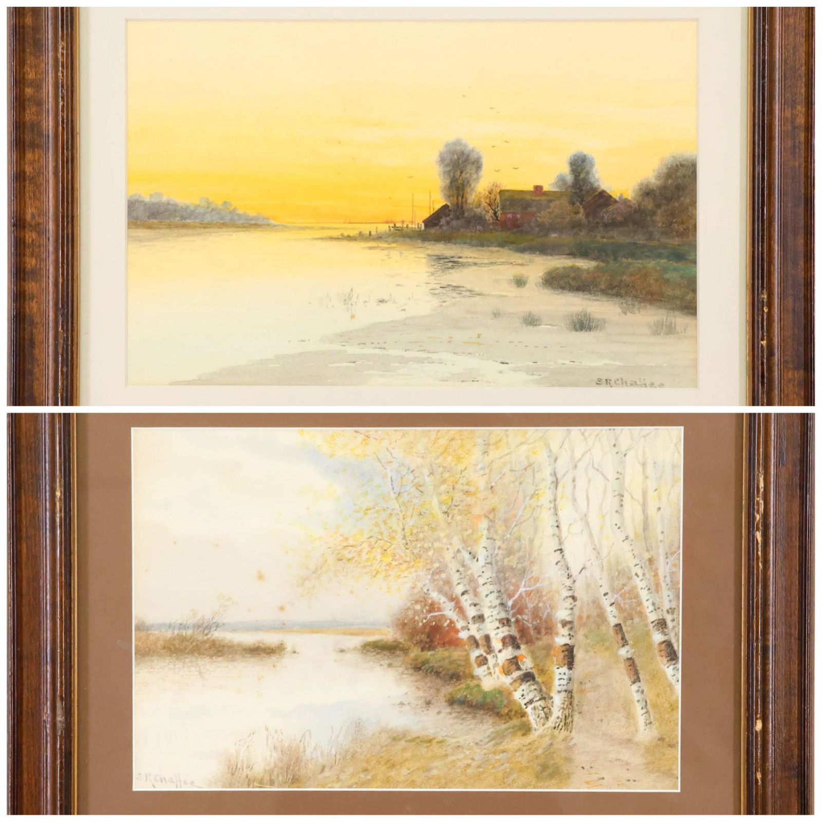 Samuel R. Chaffee (1850 - 1913): Pair of watercolors, both signed. Both riverside landscapes. 7.25"h x 11"w sight and 12.5"h x 16.5"w framed