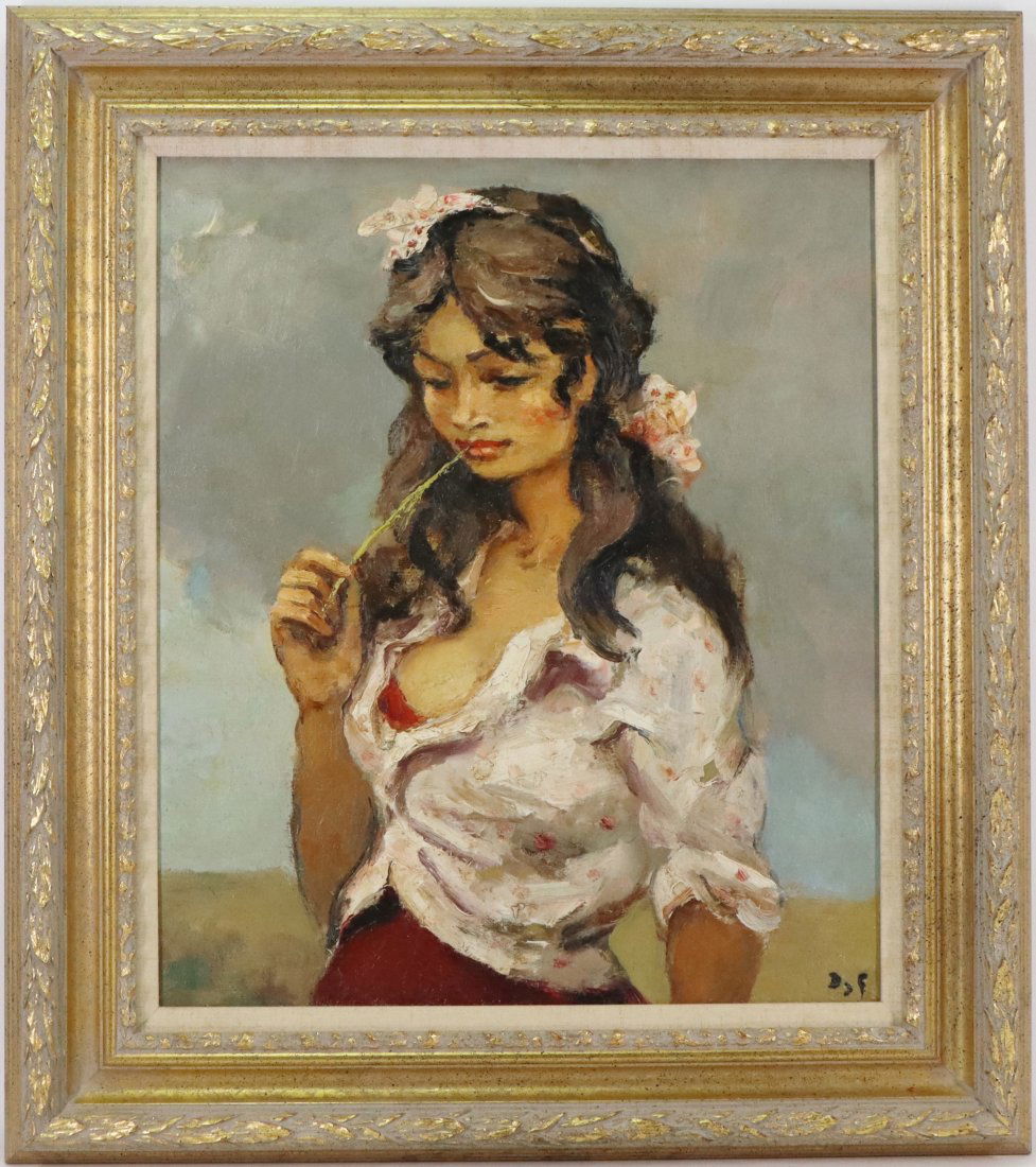 Marcel Dyf (1899 - 1985): Oil on canvas, "Jeune Femme Gitane" (Young Gypsy Woman), SLR. Portrait of a woman. Registered in the Dyf Archives as HST SBD 55X46 Cm Approximately I96O NÂ° ID 5094. 21"h x 18"w and 28"h x 25"w