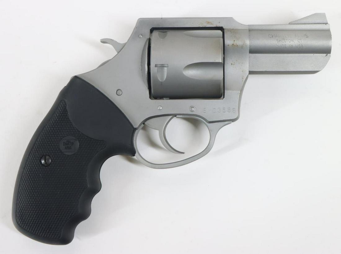Charter Arms Pug Double Action Revolver: 41 Rem Mag, 2 1/2" bbl, SN 18-03588. Matte stainless finish shows average handling with a few scattered freckles, good bore, ribbed hammer and trigger, checkered rubber finger groove combat style grip