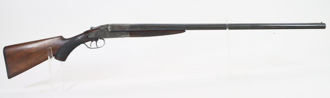 Hopkins & Allen SxS Shotgun: 12Ga. 30" bbls, 2 3/4" chambers, Mod/imp chokes, SN 447. Gray patina with silver gray on breech area, good bores, solid rib, receiver shows 25% case color finish, extractors, checkered wood stock and 