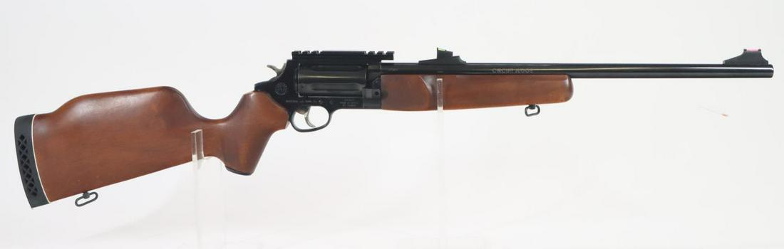 Taurus/Braztech Circuit Judge Revolving Rifle: 45LC/410Ga. 18 1/2" bbl, SN EP3617. 98% blue finish shows average handling with a few scattered freckles and small area of oxidation on trigger guard, good bore, fiber optic sights, Weaver style scope