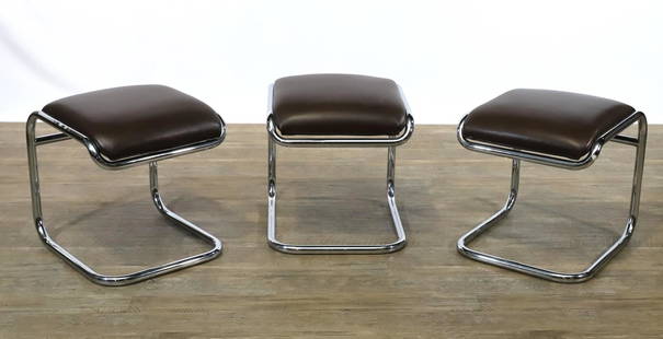 Thonet Tubular Steel Cantilever Stools: Anton Lorenz design, Bauhaus style, set of (3) tubular steel cantilever stools with leather upholstery, labeled for Thonet. 18"h x 16"w x 17"d **Please Note: This item is NOT eligible for in-house shi