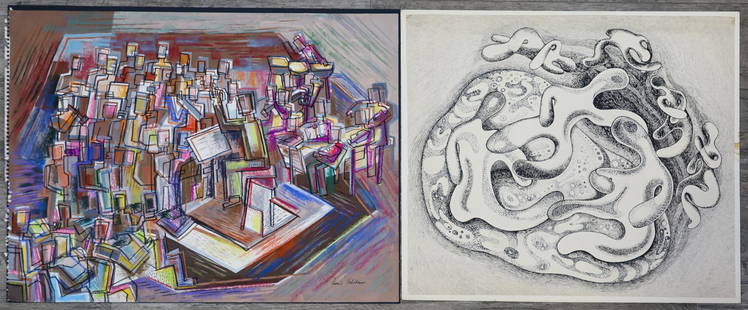 Louis Wolchonok (1898 - 1973): Watercolor and pastel on paper, SLR, Cubist depiction of an orchestral ensemble. 18"h x 24"w. Ink on paper, SLR, Surrealist figures, tipped in, 17.5"h x 20.25"w. **Please Note: This item is NOT eligib