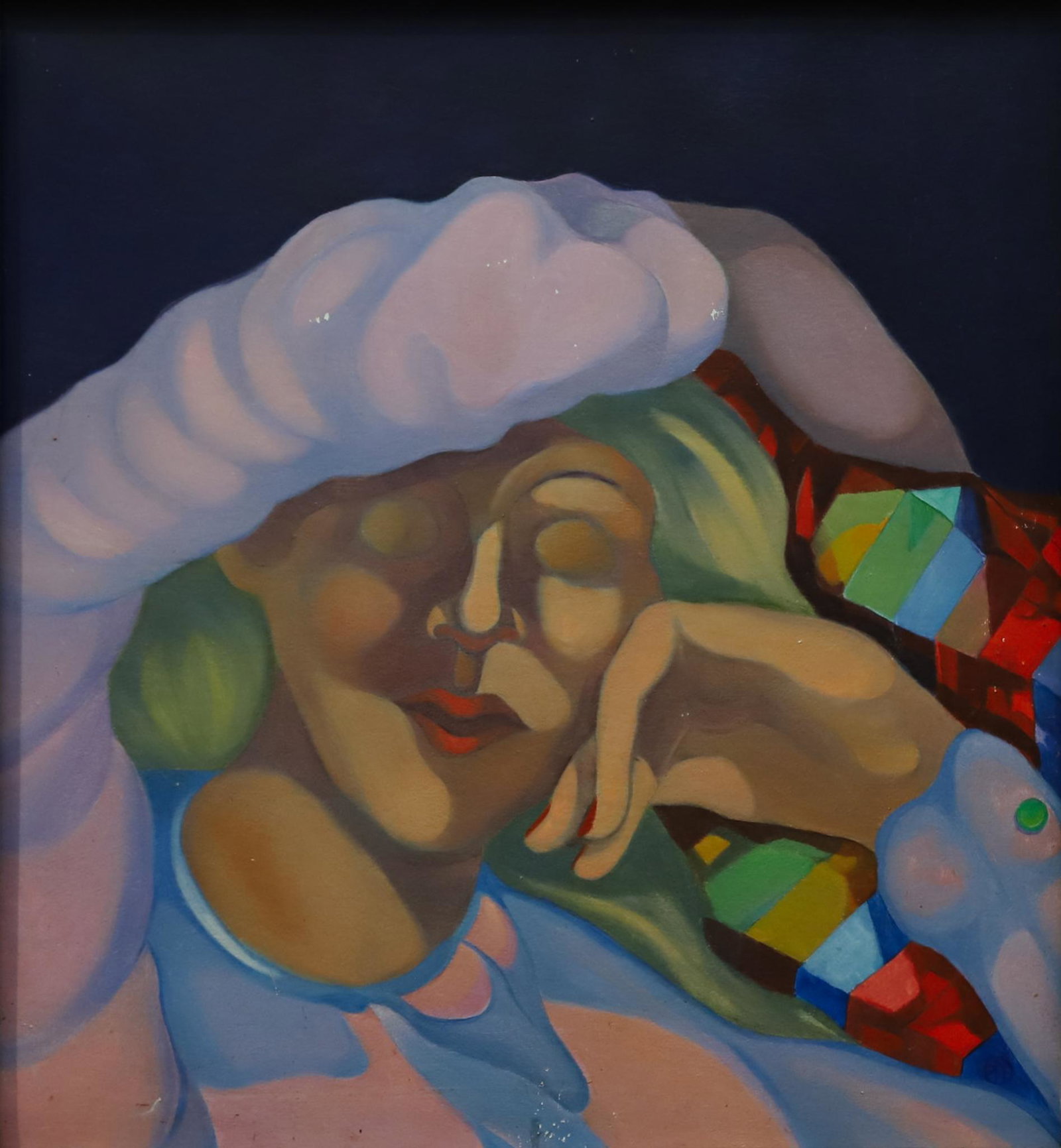Nicholas Orsini (1931-2012): Oil on board, "Sleeper", artist's cipher at the lower right, label en verso for The Athena Gallery, New Haven. 25.75”h x 24”w sight, 28.5”h x 27”w framed **Please Note: This it