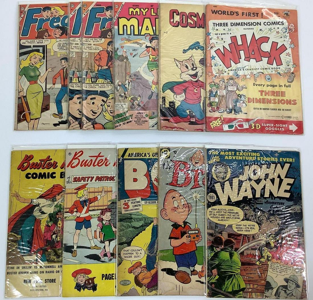 Golden Age Comics: Golden Age comics assortment, 11 total. Includes Freddy, My Little Margie, Buster Brown, Cosmo Cat #2, Whack(no glasses), John Wayne, The Brain, and Boy.