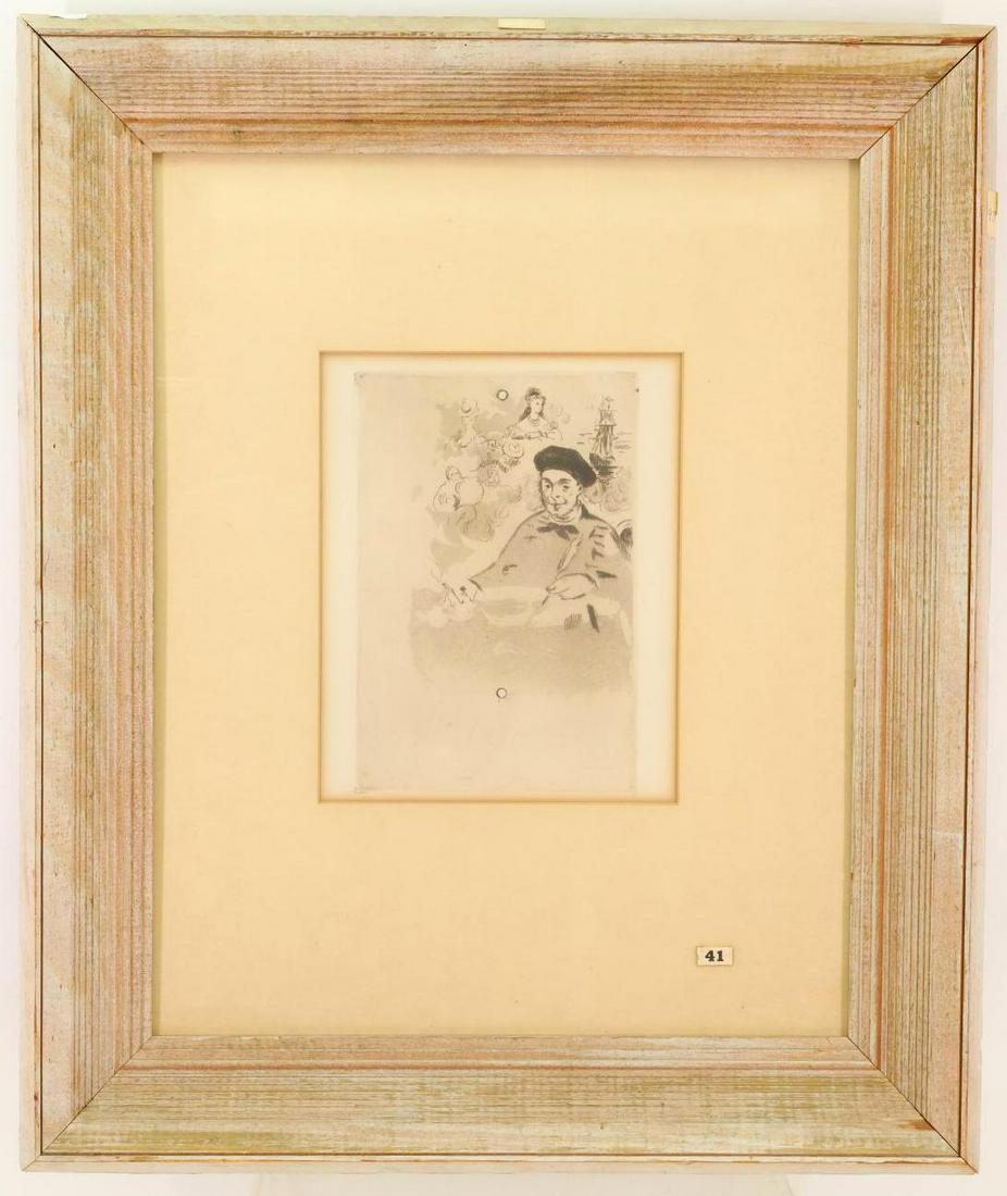 Edouard Manet (France,1832-1883): Etching, "Theodore de Banville, turned to the left", 1874. Seated portrait of the famed poet. 10"h x 8"w sight and 25"h x 21"W framed